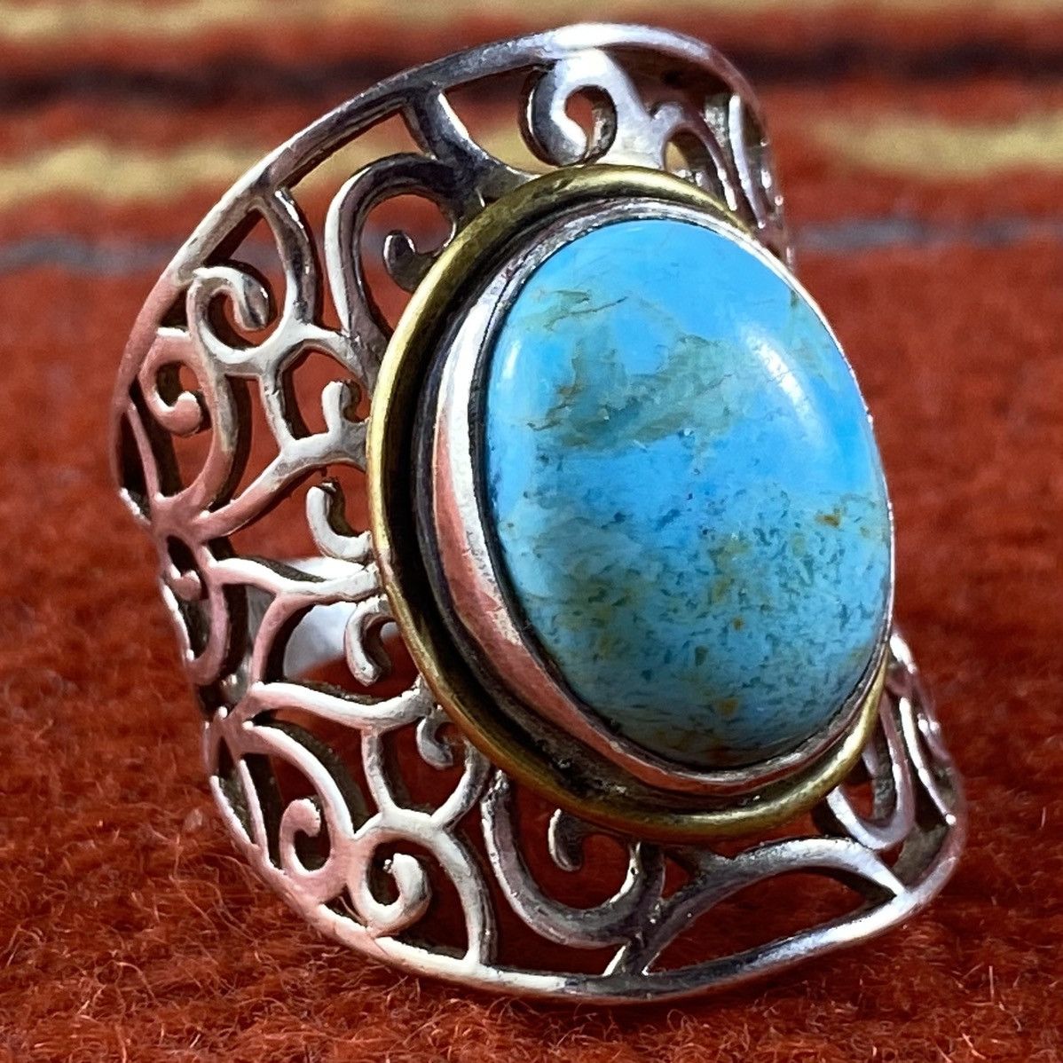Japanese Brand × Kapital × Vintage Vtg Sterling Silver Turquoise Chunky Two Tone Signet Ring Size ONE SIZE - 2 Thumbnail