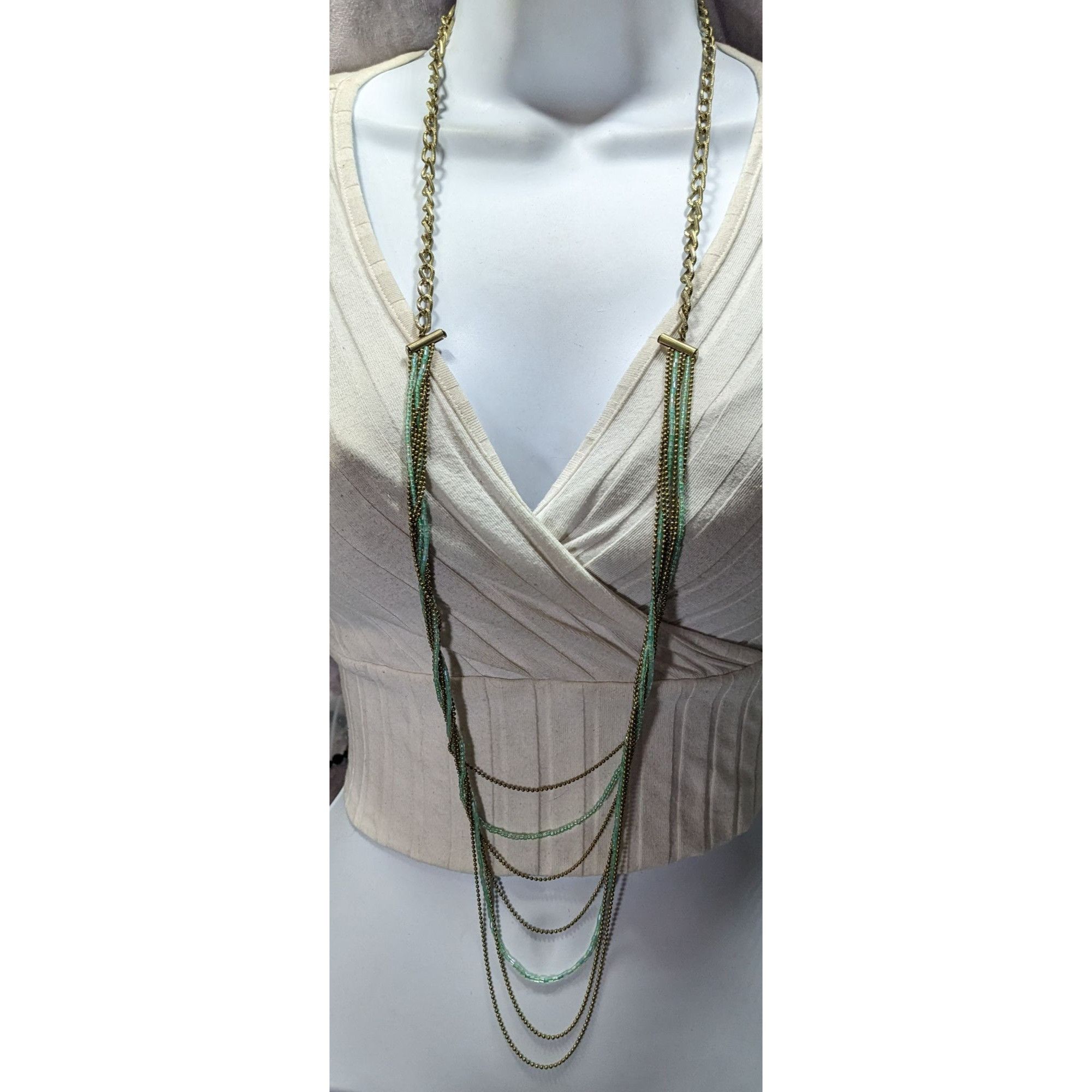 Other Layered Gold Tone & Aqua Chain Necklace With Multi-Strand De Size ONE SIZE - 2 Thumbnail