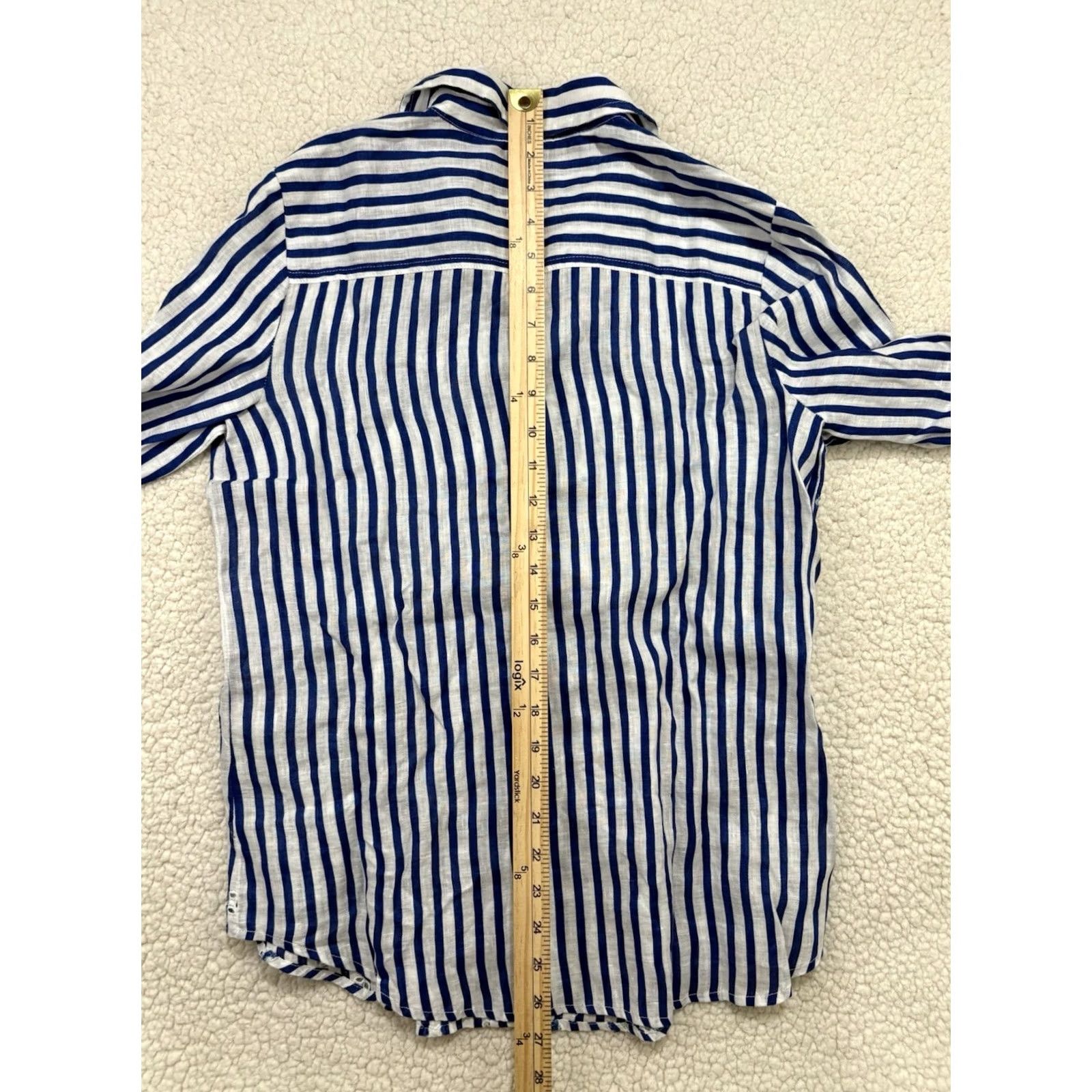 Vintage Chico's Button-Up Linen Blue & White Stripe Eyelet Embroidered Top, Size S, 3/4 Sleeve, Collared, Lightweight, Breathable, Regular Fit, Women Size S / US 4 / IT 40 - 6 Thumbnail
