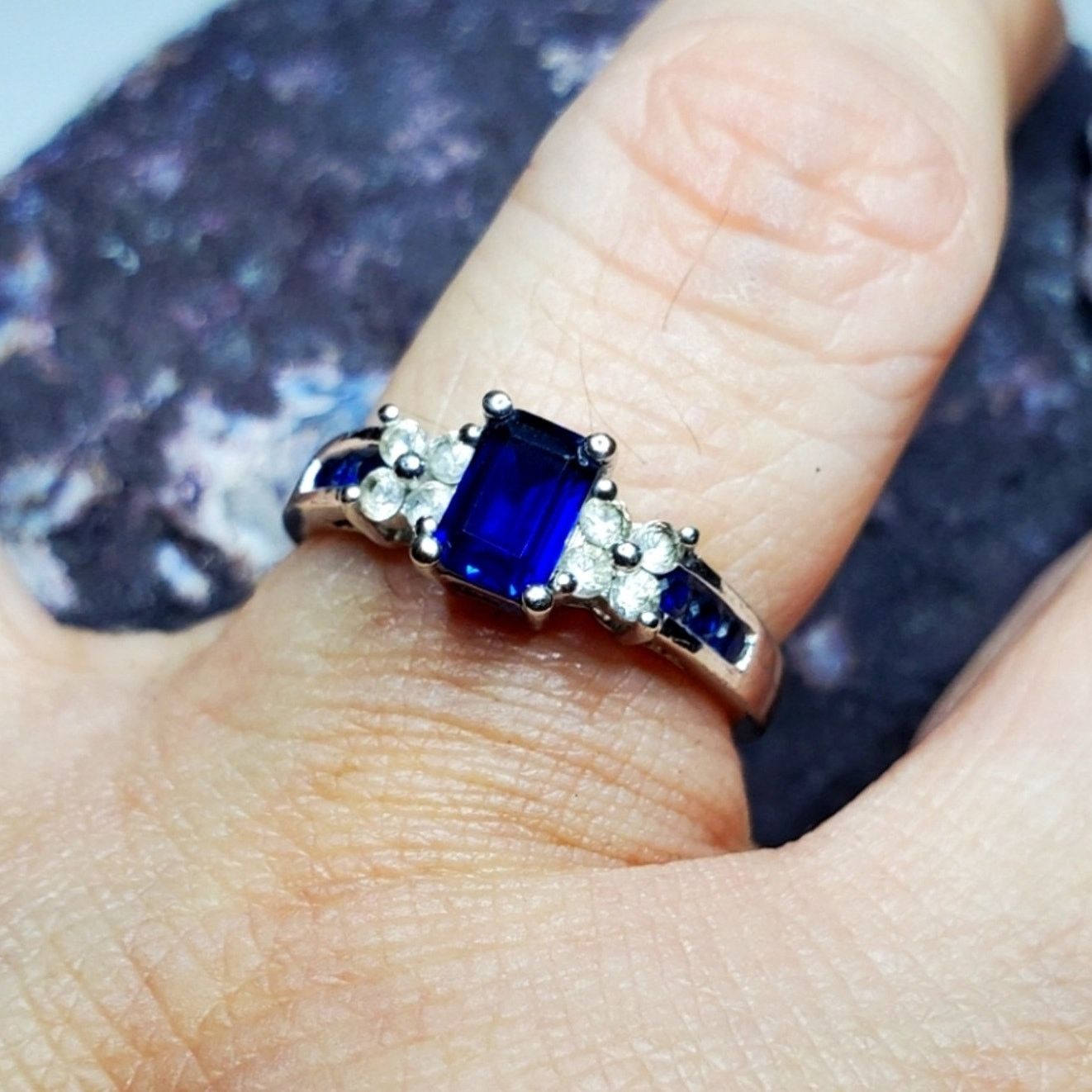 Sterling Silver 925 Sterling Silver Deep Blue Sapphire Faux Diamond Ring Size ONE SIZE - 2 Thumbnail