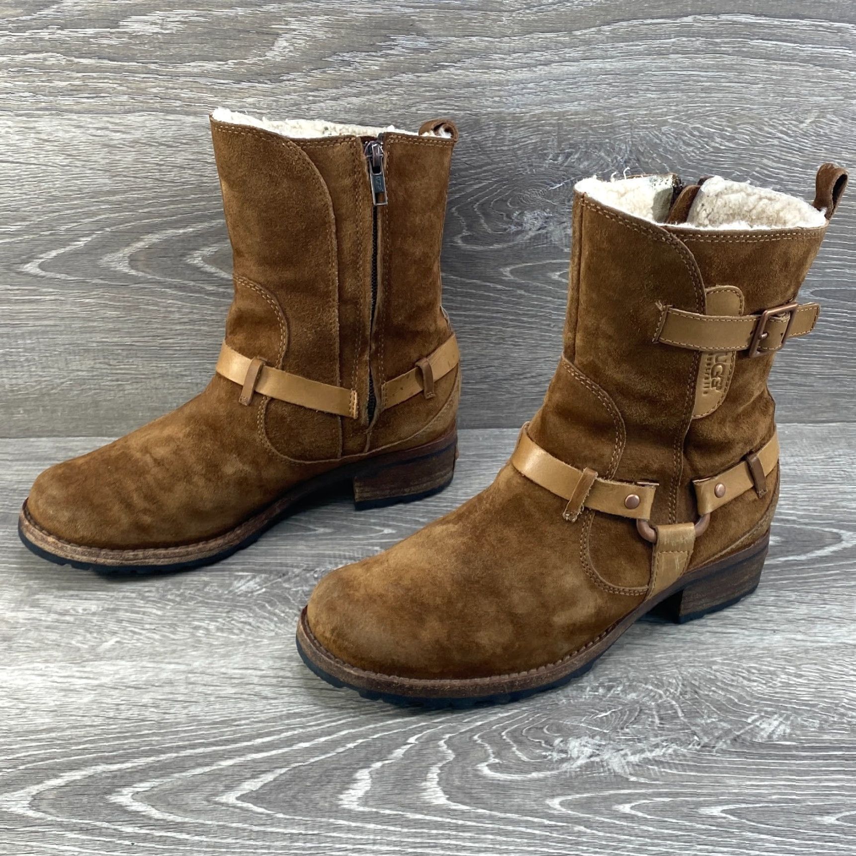 Ugg UGG Womens 6.5 Biker Boots Motorcycle Brown Suede Leather Endell Harness Shearling Size US 5 / IT 35 - 5 Thumbnail