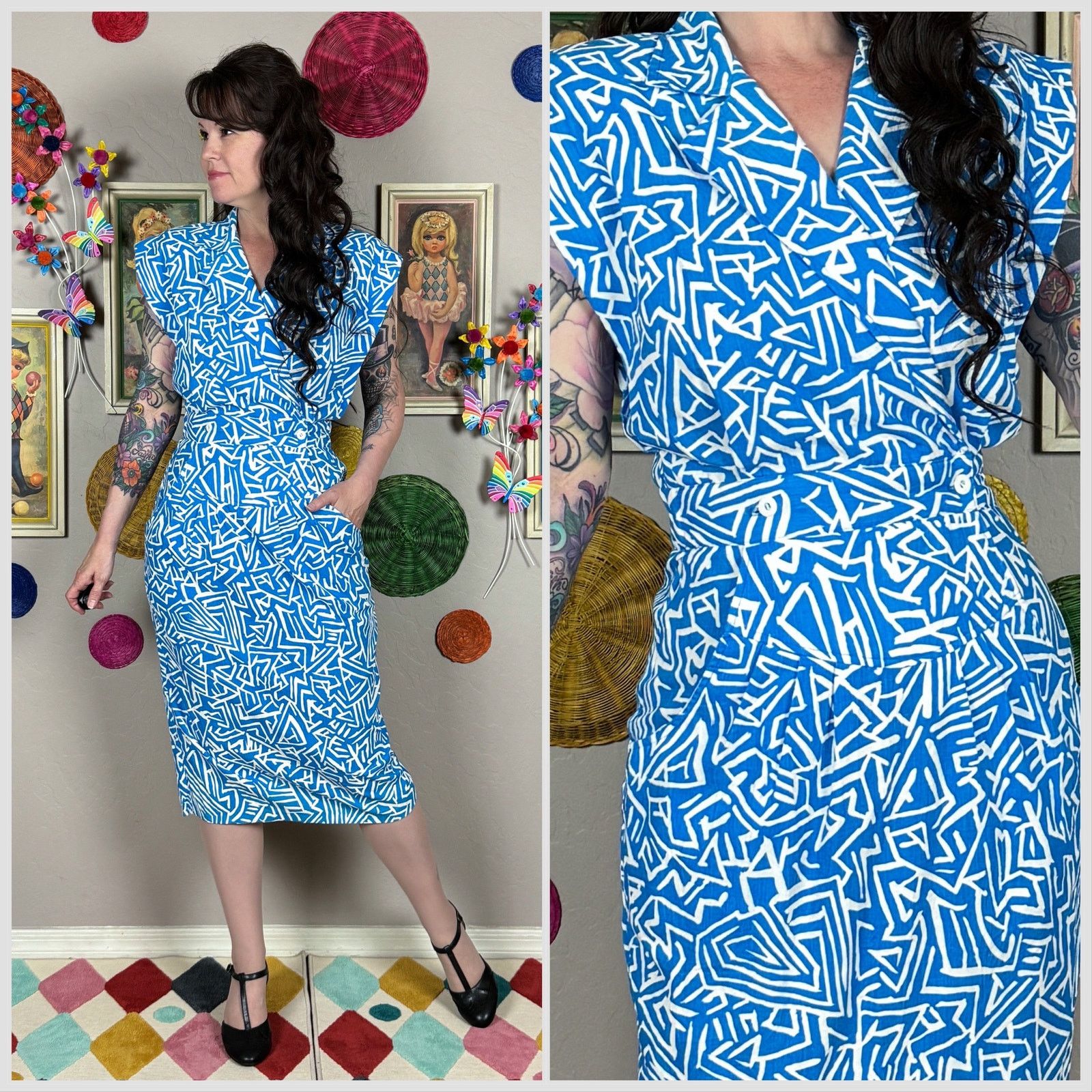 Vintage 1980s Blue & White Abstract Geometric Print Sleeveless Dress Size XS / US 0-2 / IT 36-38 - 1 Thumbnail