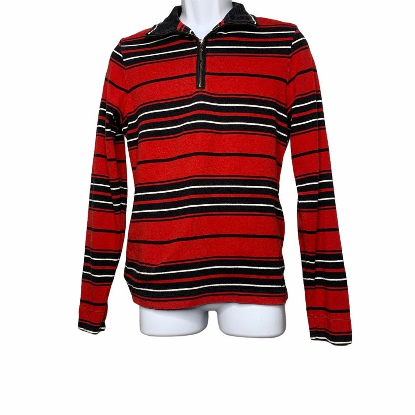 Tommy Hilfiger Tommy Hilfiger Red Black Stripe Black Rib Collar 1/4 Zip XL Size US XL / EU 56 / 4 - 1 Thumbnail