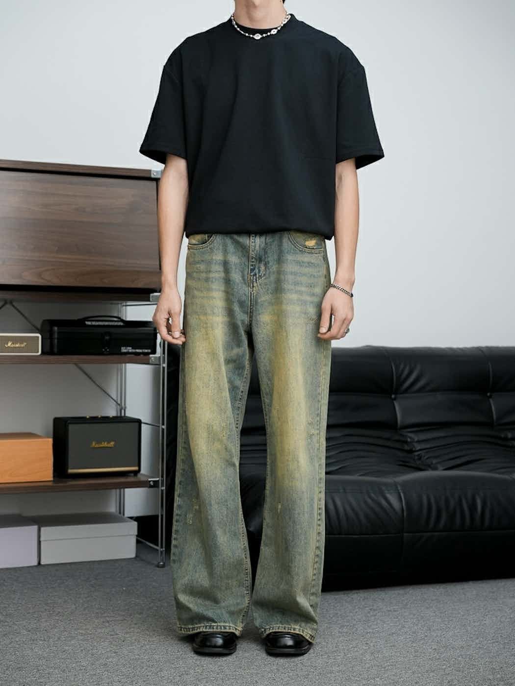 washed faded y2k ripped loose flared jeans