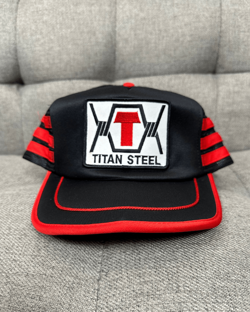Vintage Vintage Titan Steel Patch Striped Black/Red Trucker Hat Size ONE SIZE - 2 Thumbnail