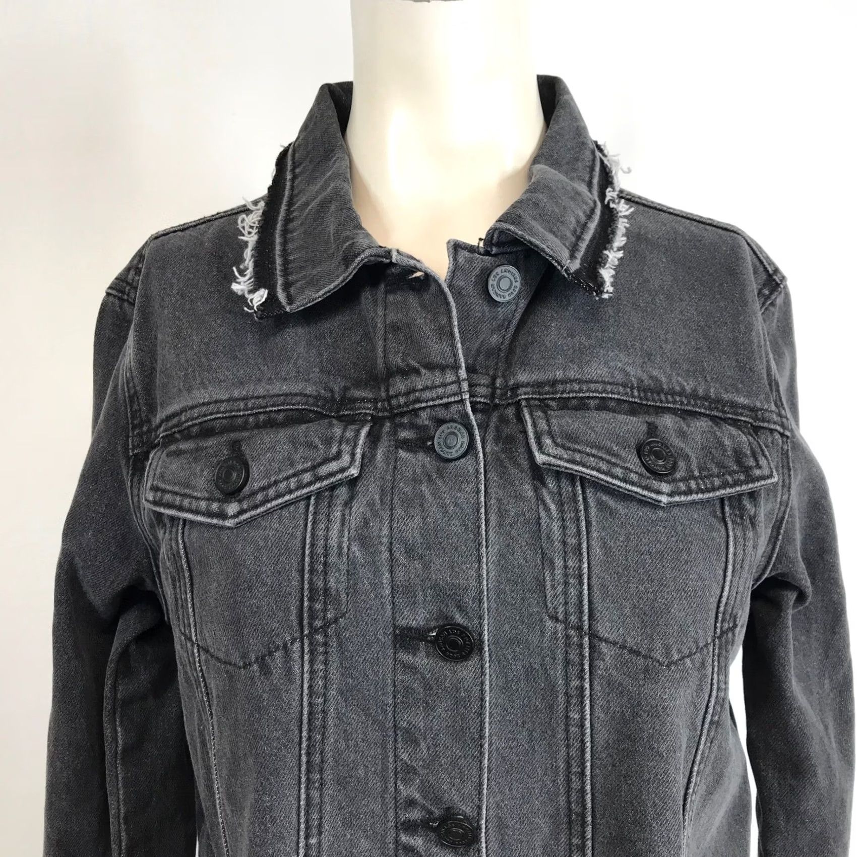 Vintage Kancan Los Angeles Distressed Denim Jacket Charcoal Grey Cropped Raw Hem Evening? Size M / US 6-8 / IT 42-44 - 2 Thumbnail