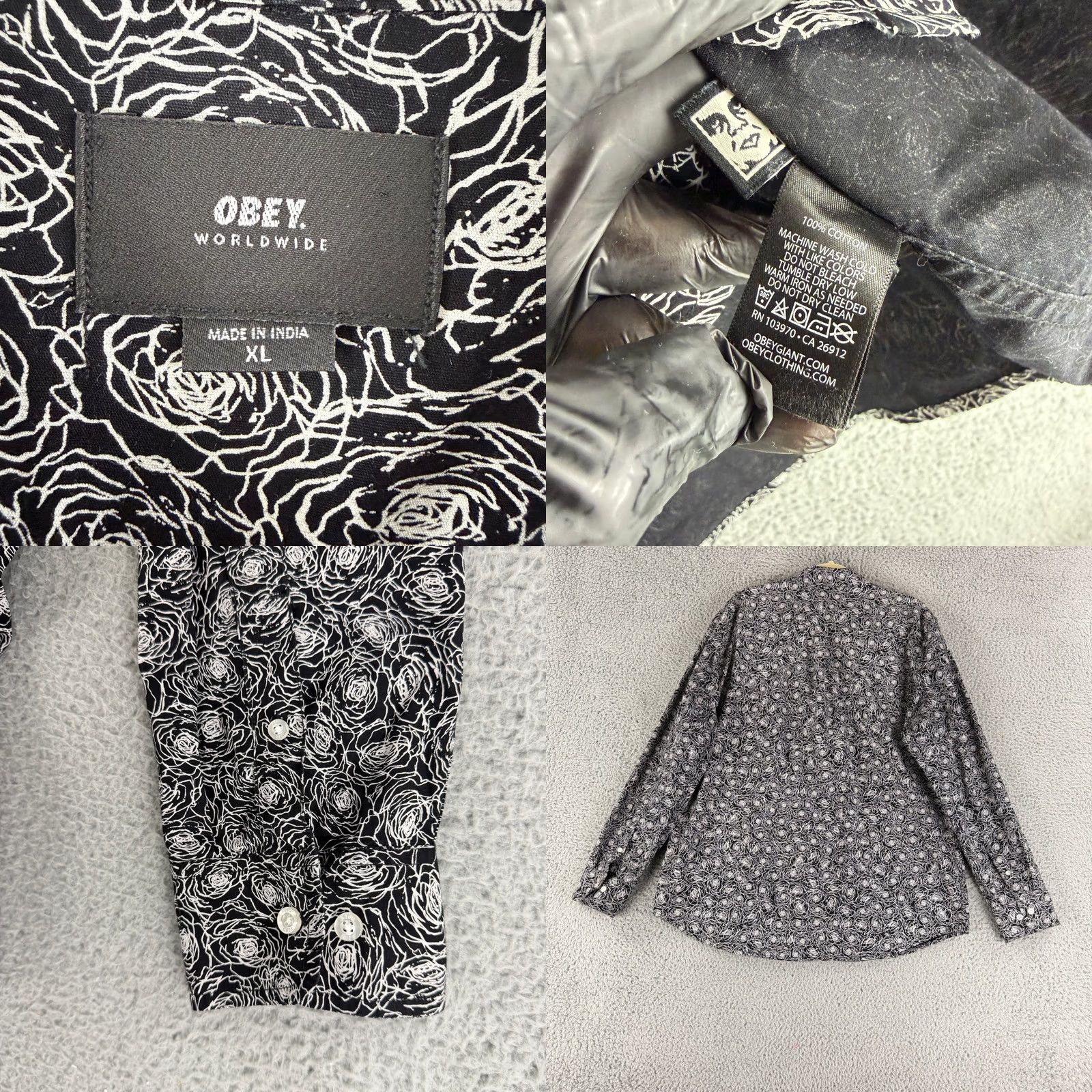 Obey OBEY Floral Rose Button Up Shirt Mens XL Black Long Sleeve Cotton Skate Size US XL / EU 56 / 4 - 8 Thumbnail