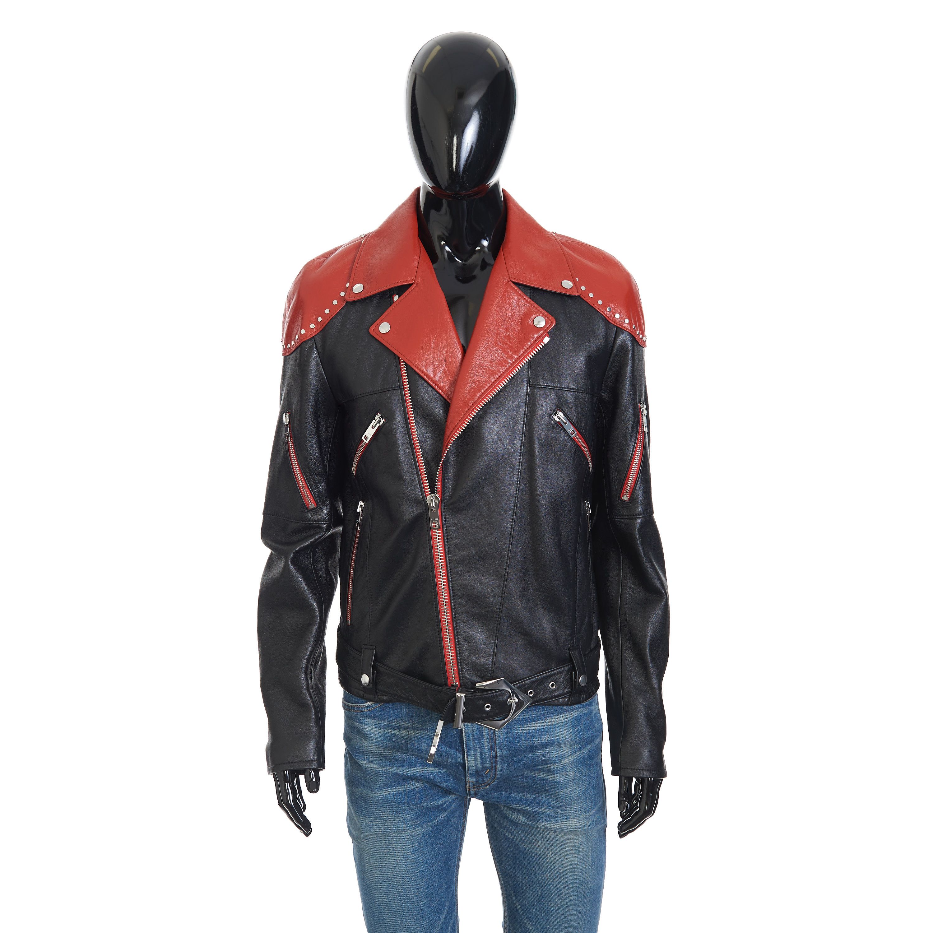 Celine Loose Fit Studded Biker Jacket In Black & Red Soft Lambskin Size US M / EU 48-50 / 2 - 2 Thumbnail