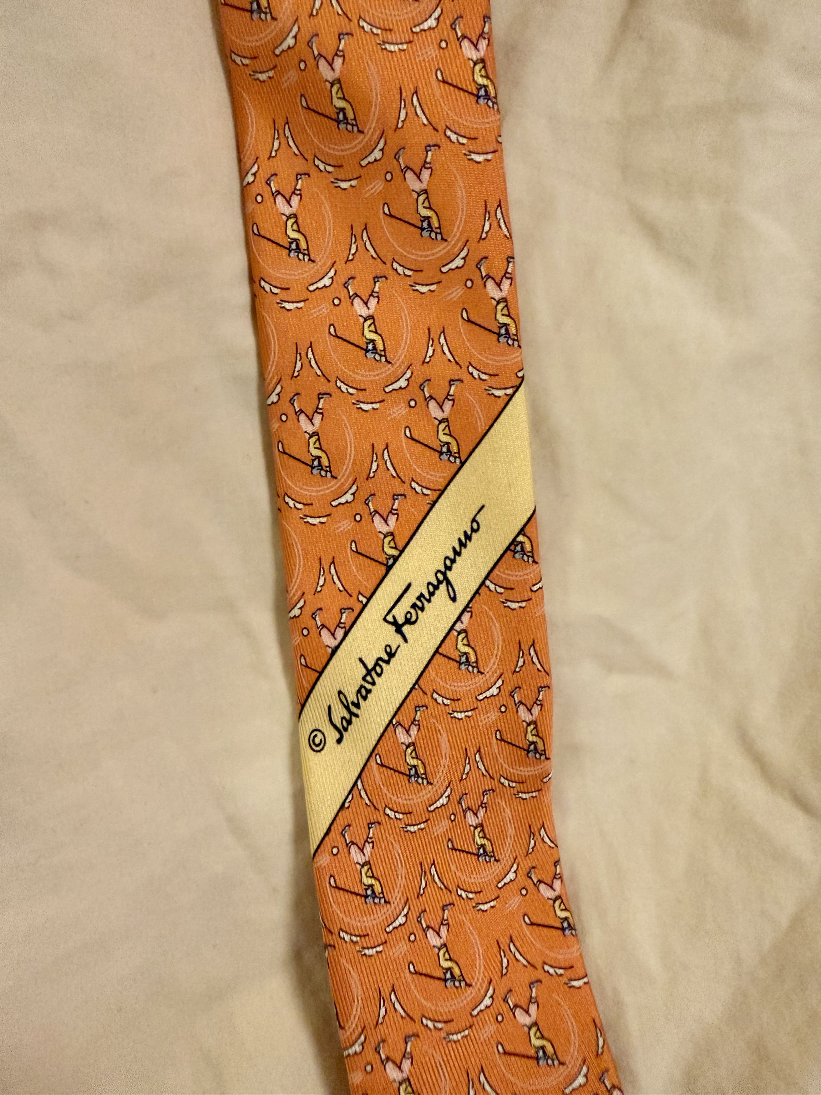 Hermes Ferragamo Golfers Silk Tie Orange Novelty Print Size ONE SIZE - 6 Thumbnail