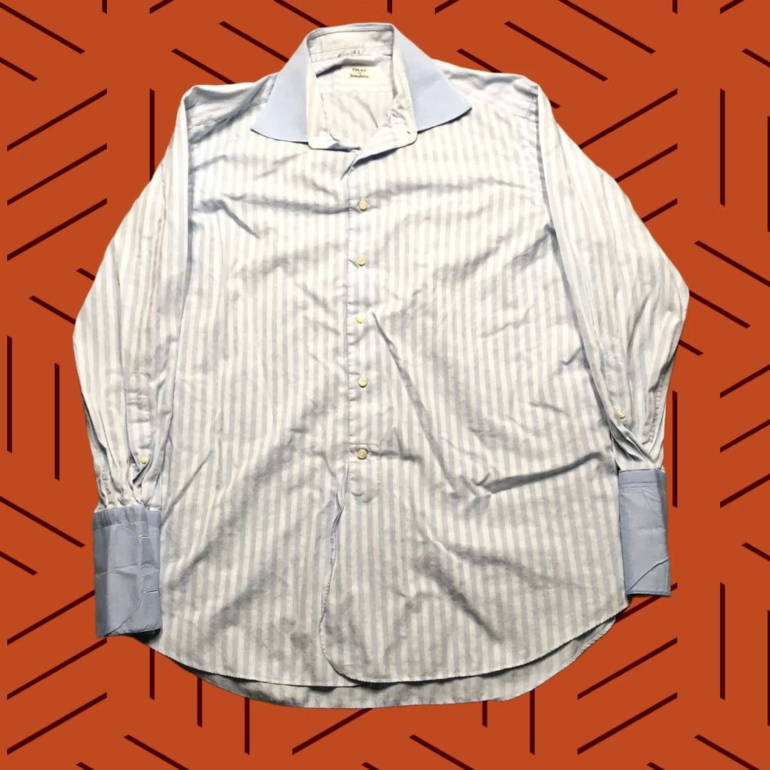 Neiman Marcus Fray Mens Dress Shirt 15.5 Light Blue Striped French Cuff Button-Up Casual Size 42R - 1 Thumbnail