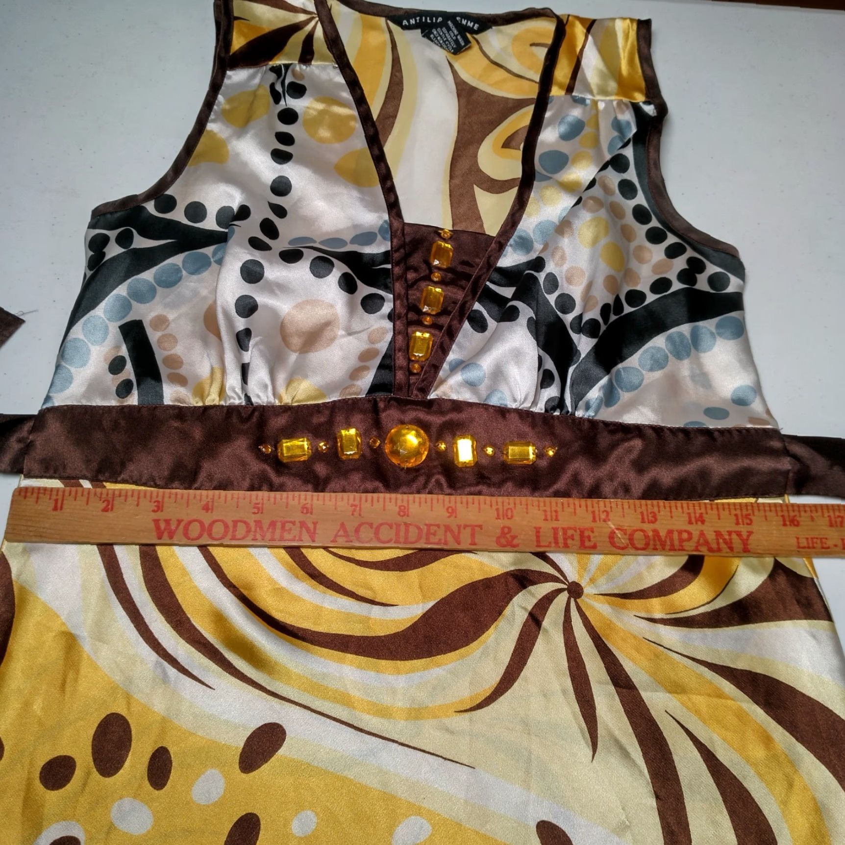 Vintage VINTAGE Antilia Femme Shirt Tank Sleeveless Satin Bling Yellow Brown Tie V-Neck M Women's Blouse Size M / US 6-8 / IT 42-44 - 4 Thumbnail