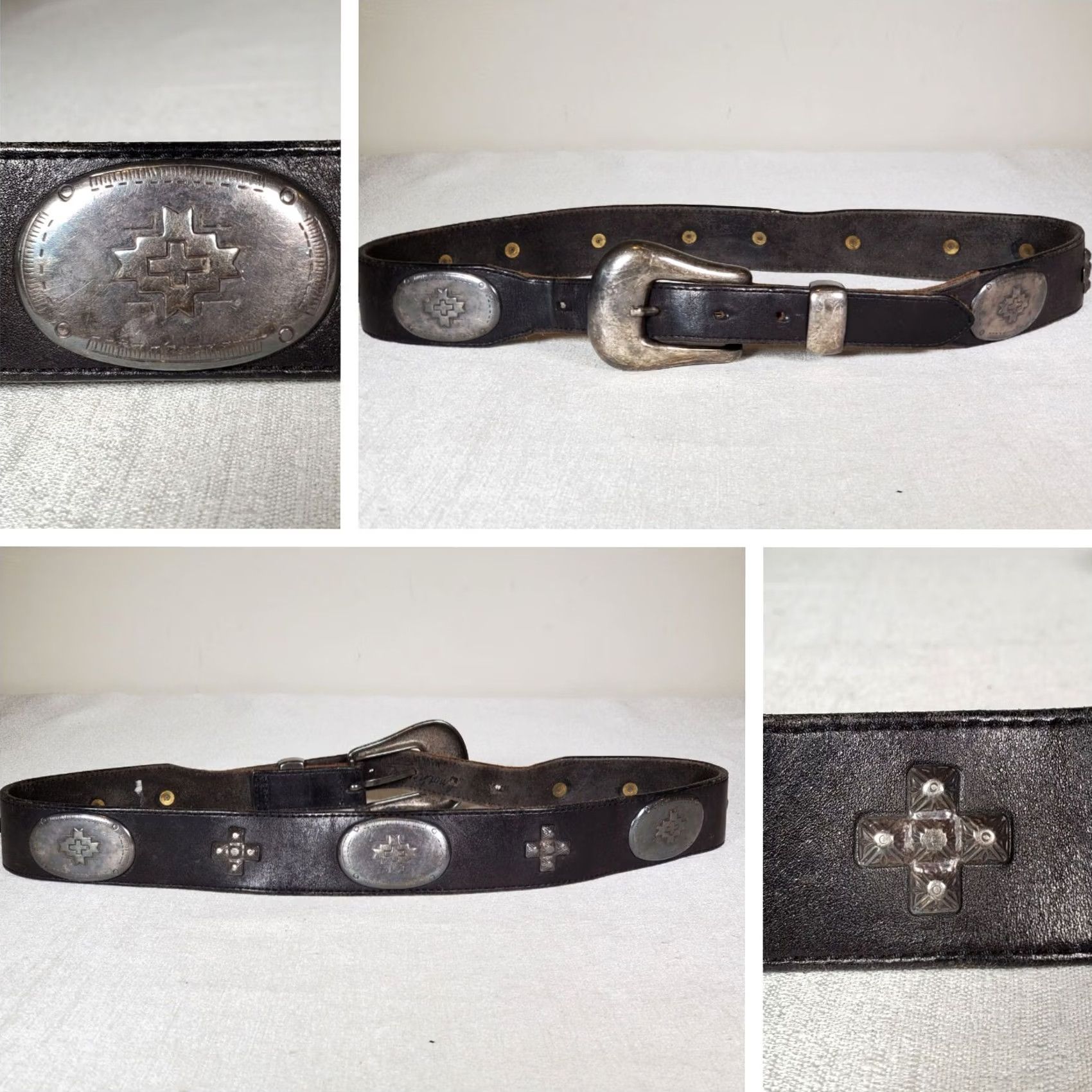 Vintage VINTAGE Another Line Inc Black Leather Western Waist Belt Metal Medallion Accents Cross Belt Women 36" Length Size ONE SIZE - 2 Thumbnail