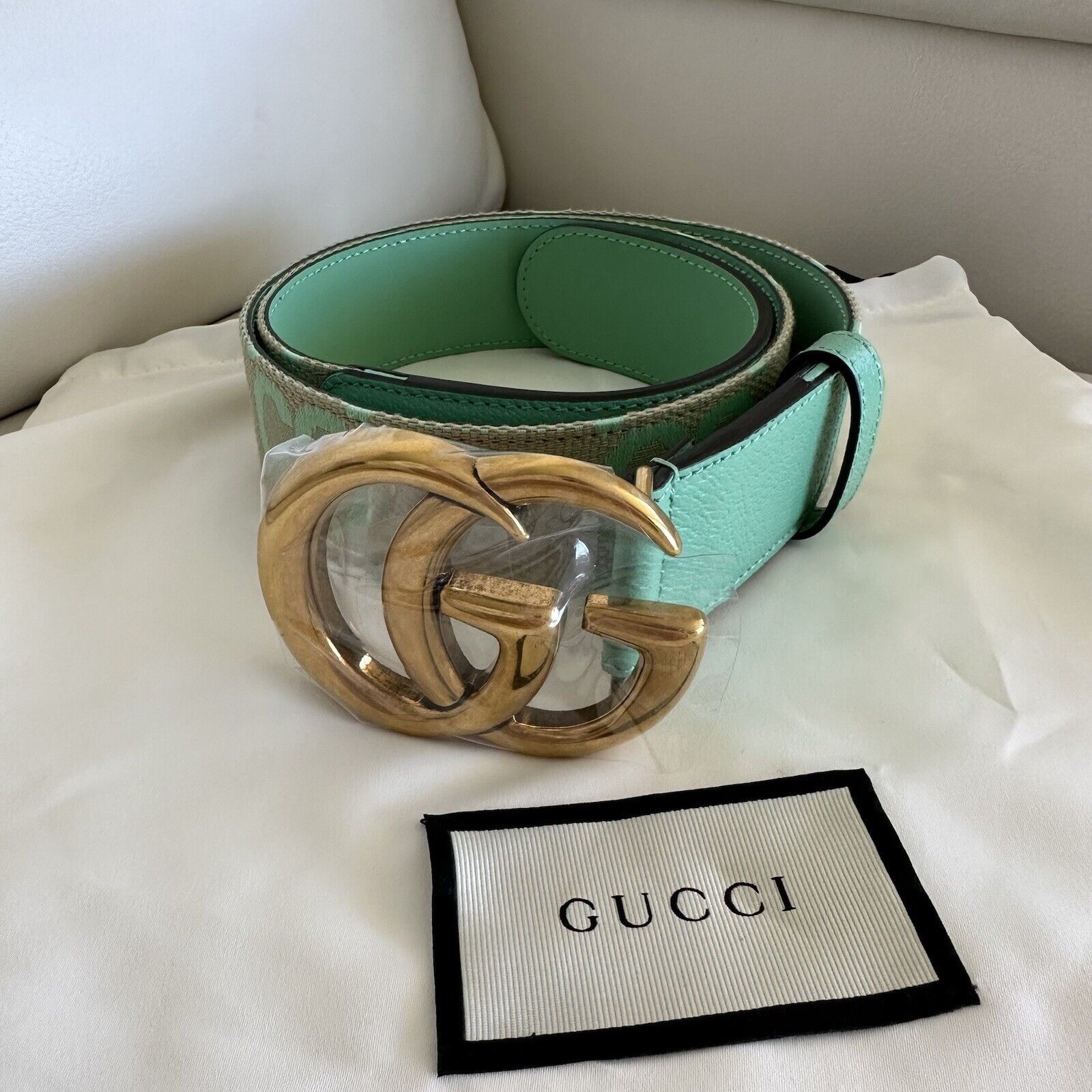 Gucci NEW Gucci GG Marmont Jumbo GG Belt Beige/Mint Size 85 inch 3 Size ONE SIZE - 7 Thumbnail