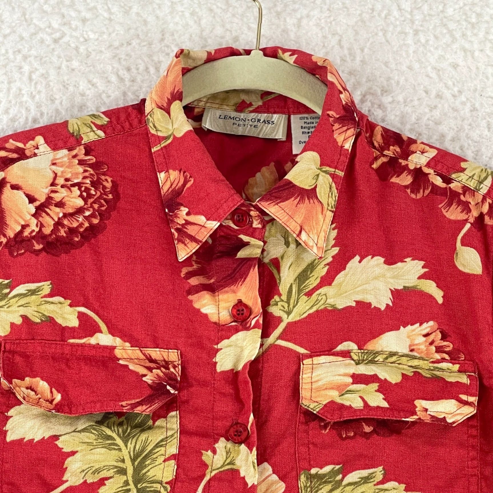 Vintage Lemon Grass Petite Red Floral Button-Up Shirt Womens 3/4 Sleeve Cotton PM Size M / US 6-8 / IT 42-44 - 3 Thumbnail