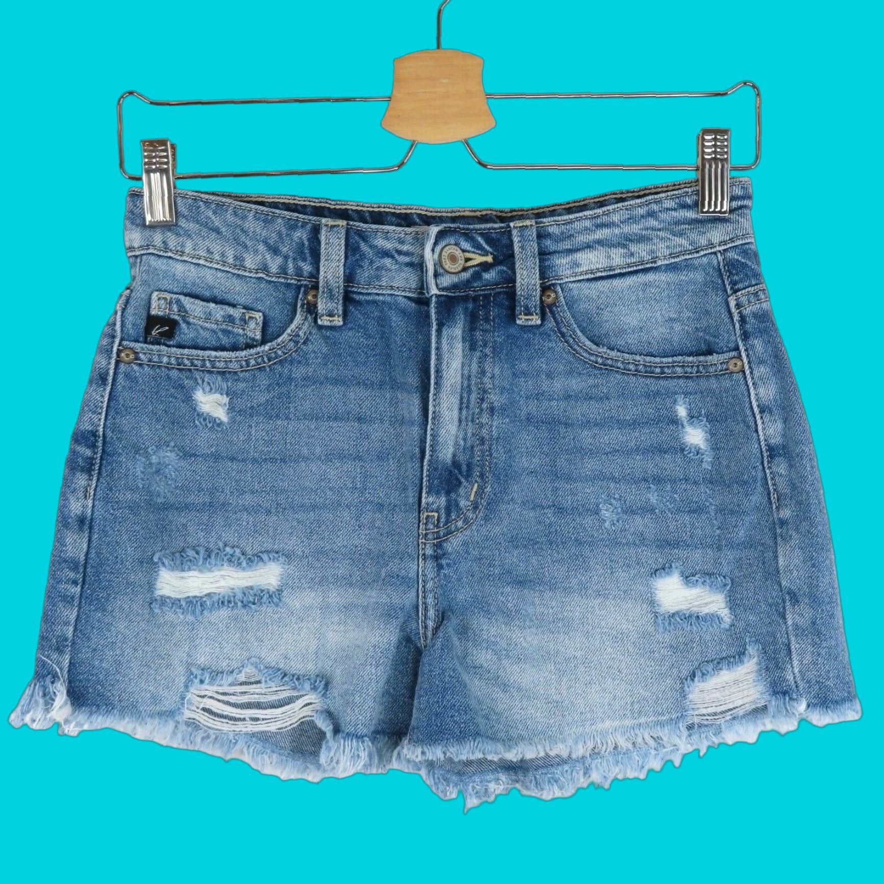 Vintage KanCan Womens Small Distressed Raw Hem Blue Denim Jean Shorts Pockets 36724 Size 28" / US 6 / IT 42 - 1 Thumbnail