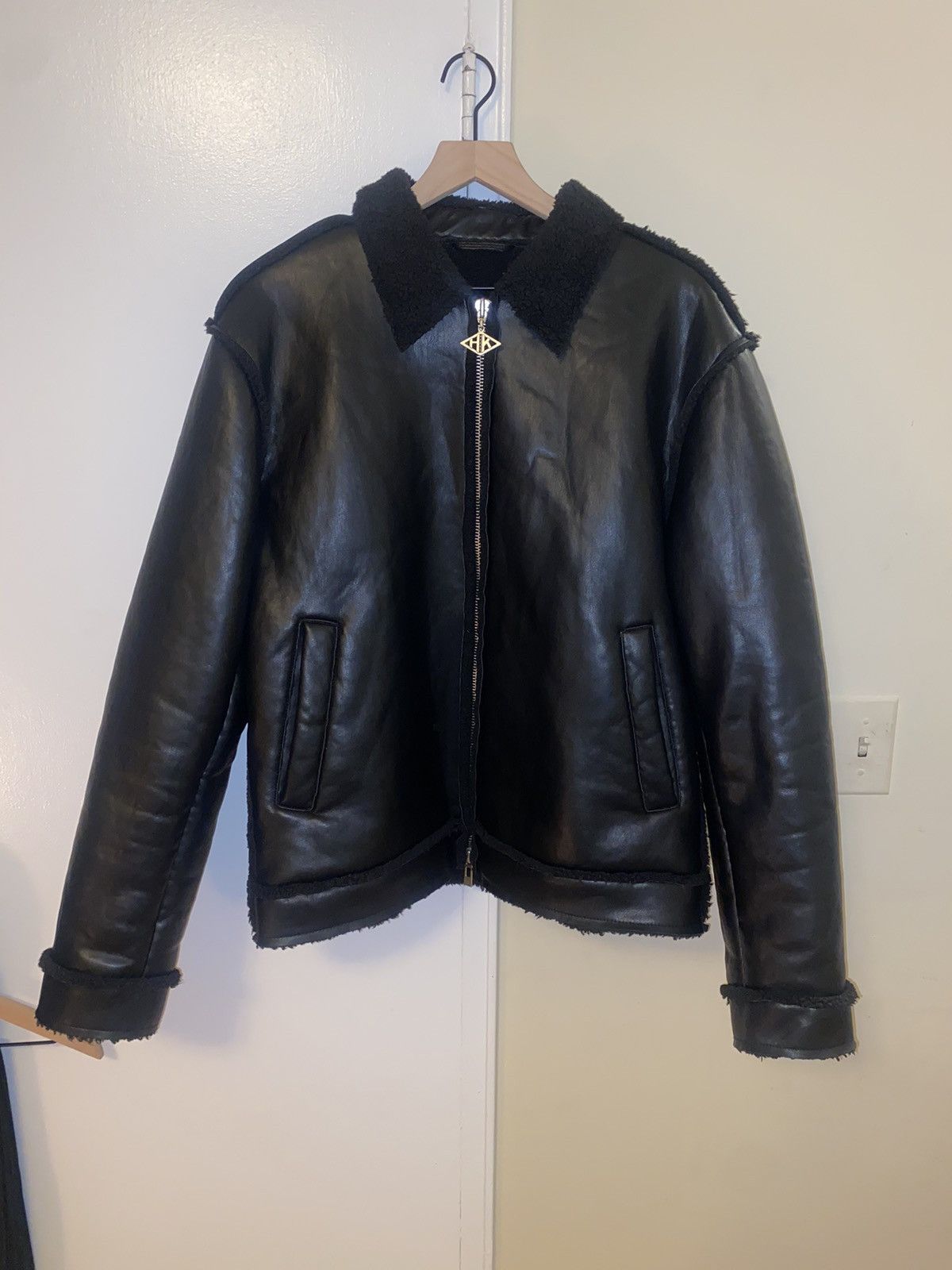 image of Han Kjobenhavn Black Faux Leather Shearling Lined Jacket, Men's (Size Large)