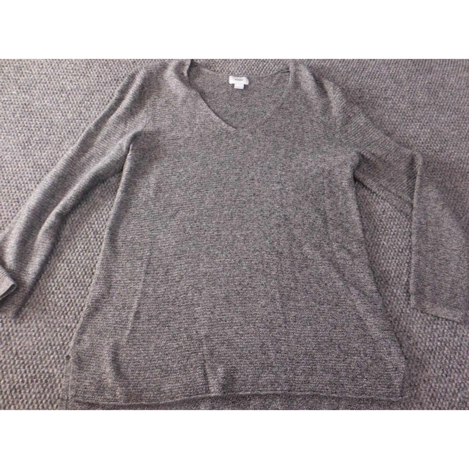 Old Navy Old Navy Womens Sweater L Gray V-Neck Pullover Puff Sleeve Knit Cotton Rayon Bow Button Size L / US 10 / IT 46 - 2 Thumbnail