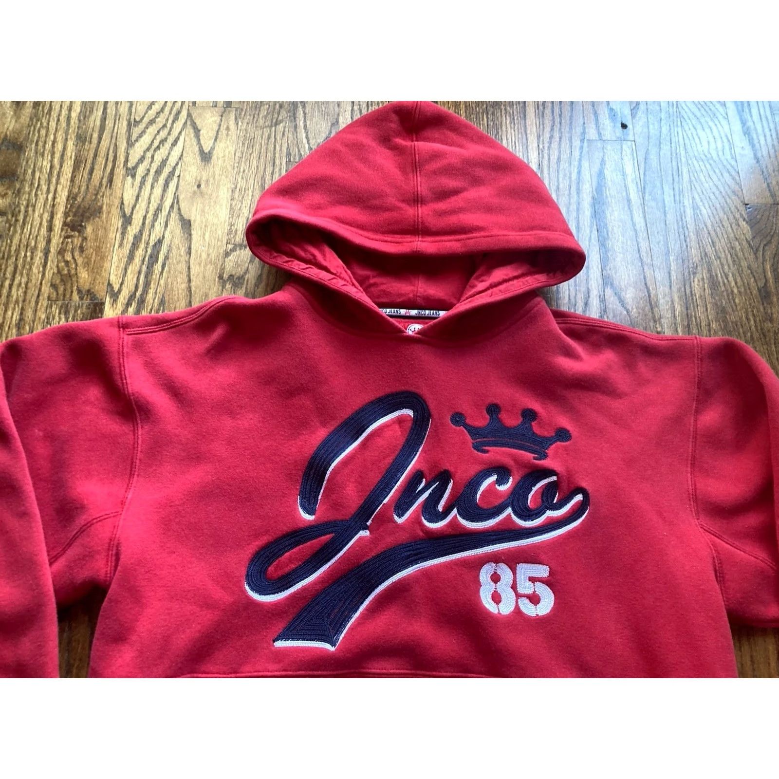 JNCO VINTAGE JNCO Hoodie Mens Large Red Heavyweight Crown Embroidered 90s Y2K Skateboarding Crew Neck Pullover Sleeves Long Pockets Hooded Size US L / EU 52-54 / 3 - 4 Thumbnail