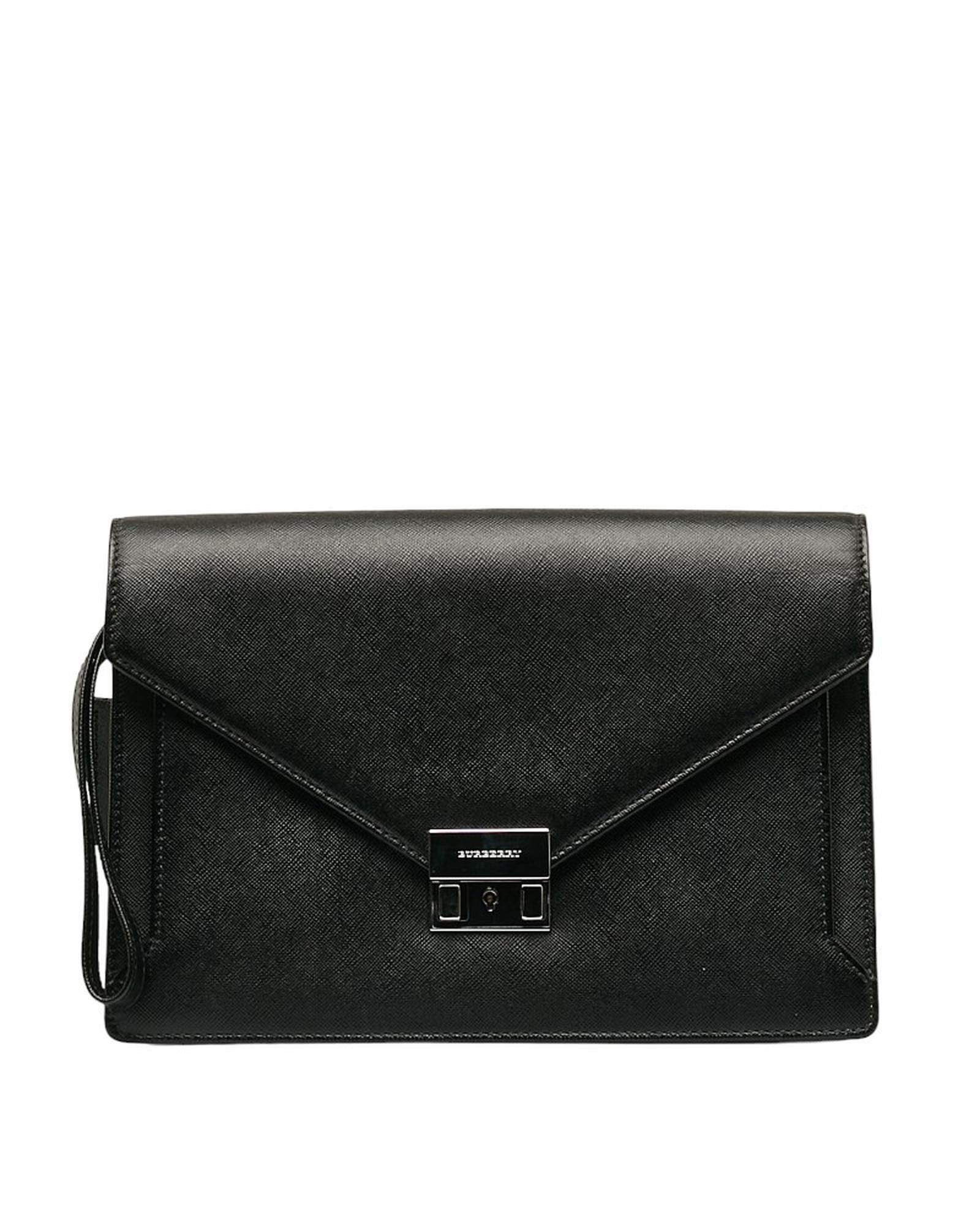 image of Burberry Saffiano Leather Clutch Bag In Excellent Condition in Black, Women's