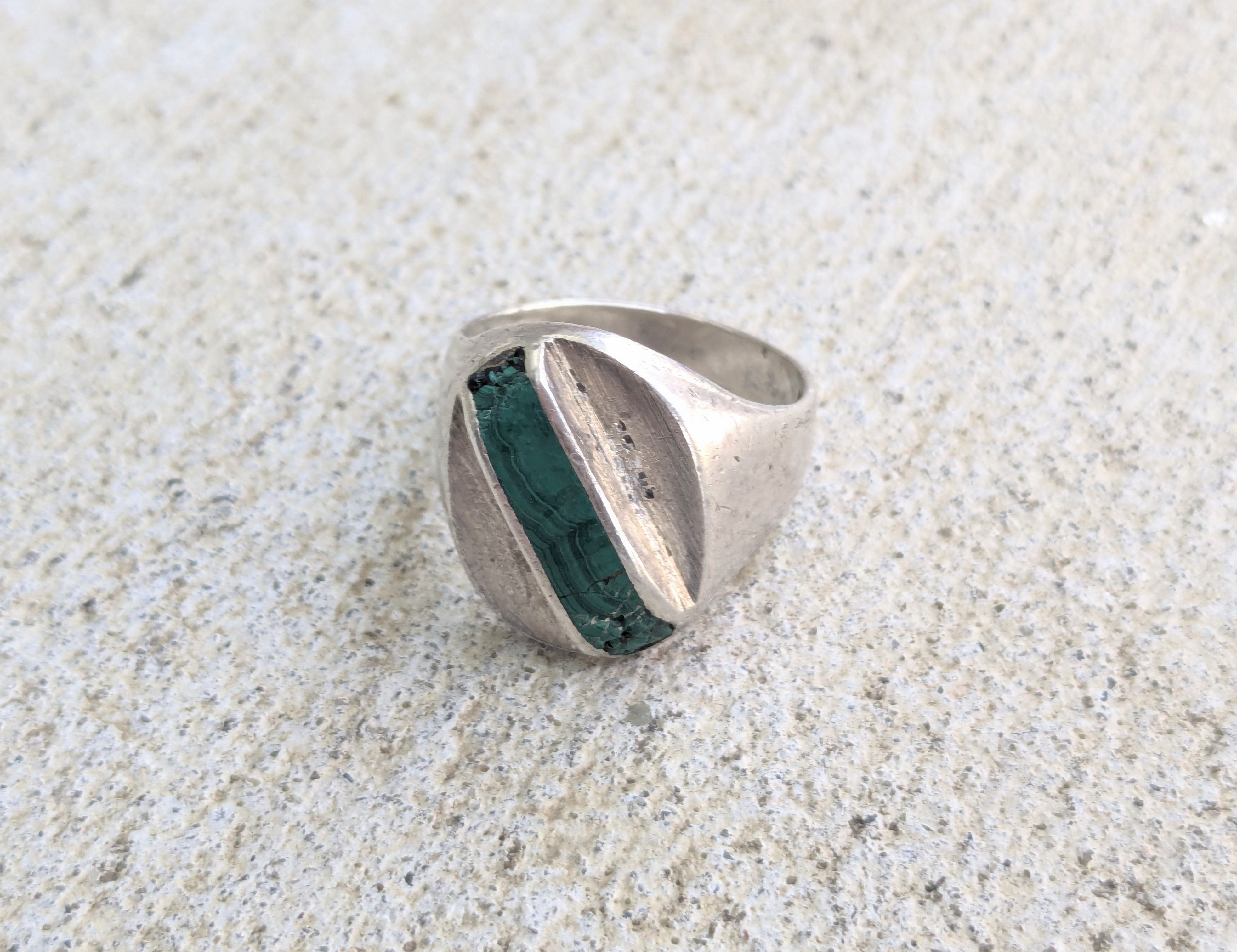 Jewelry Vintage Sterling Silver Ring Green Malachite Taxco 13.25 Size ONE SIZE - 2 Thumbnail