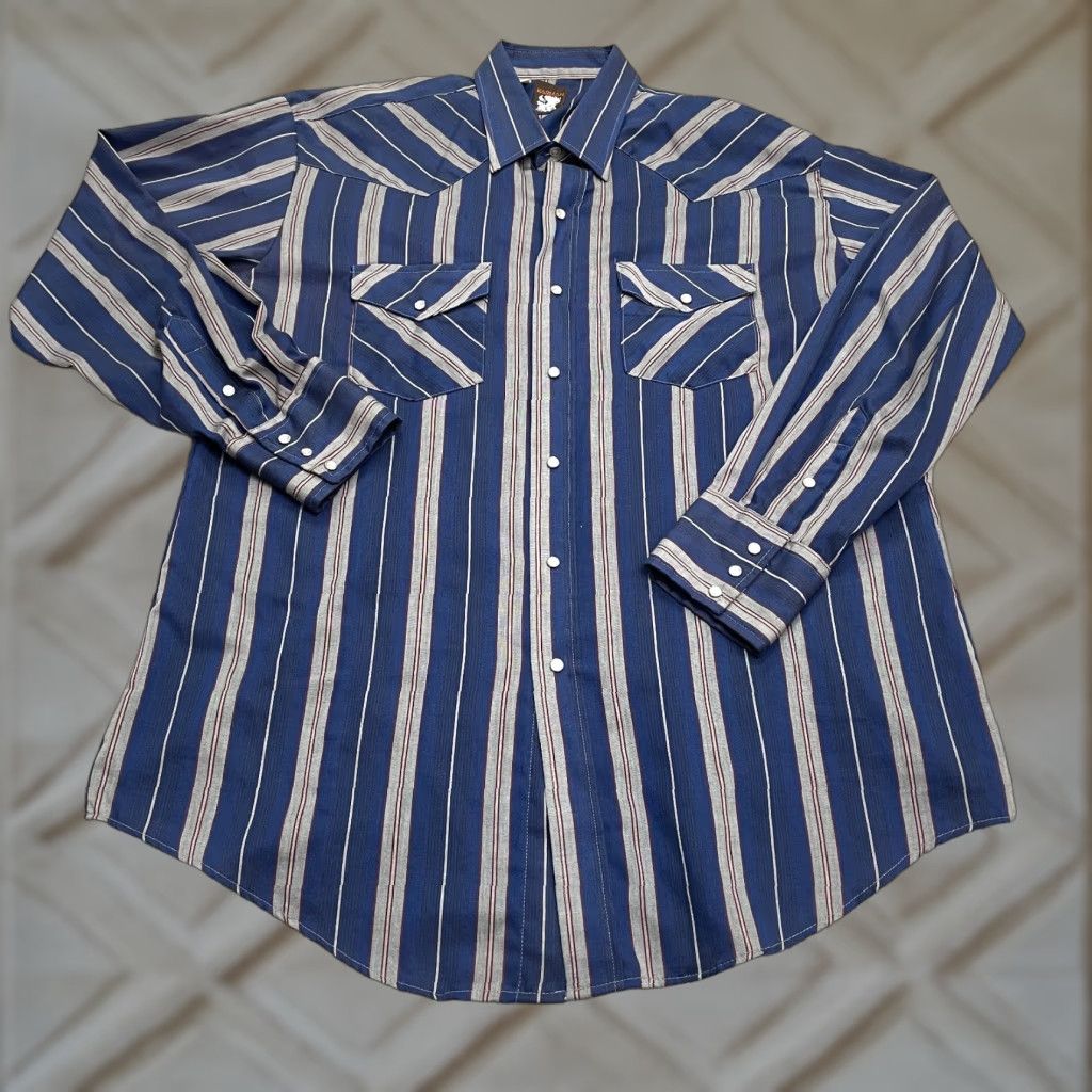 Vintage Karman Vintage Western Pearl Snap Button Down Shirt Mens XL Blue Gray Striped Size US XL / EU 56 / 4 - 1 Thumbnail