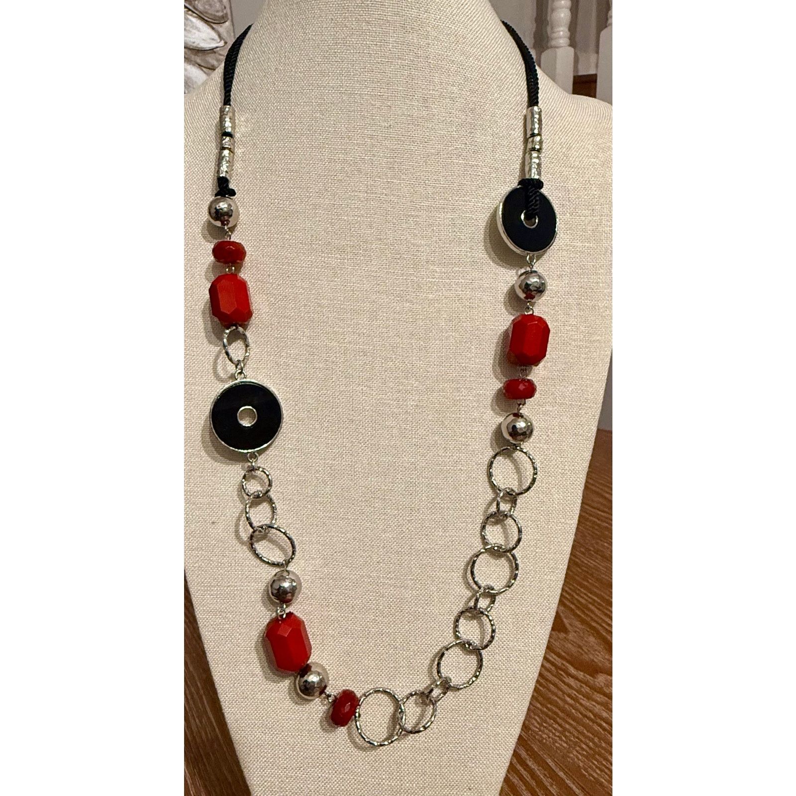 Other NWT Macy’s Red Black Silver Tone Statement Necklace 34” + 4” Size ONE SIZE - 1 Thumbnail
