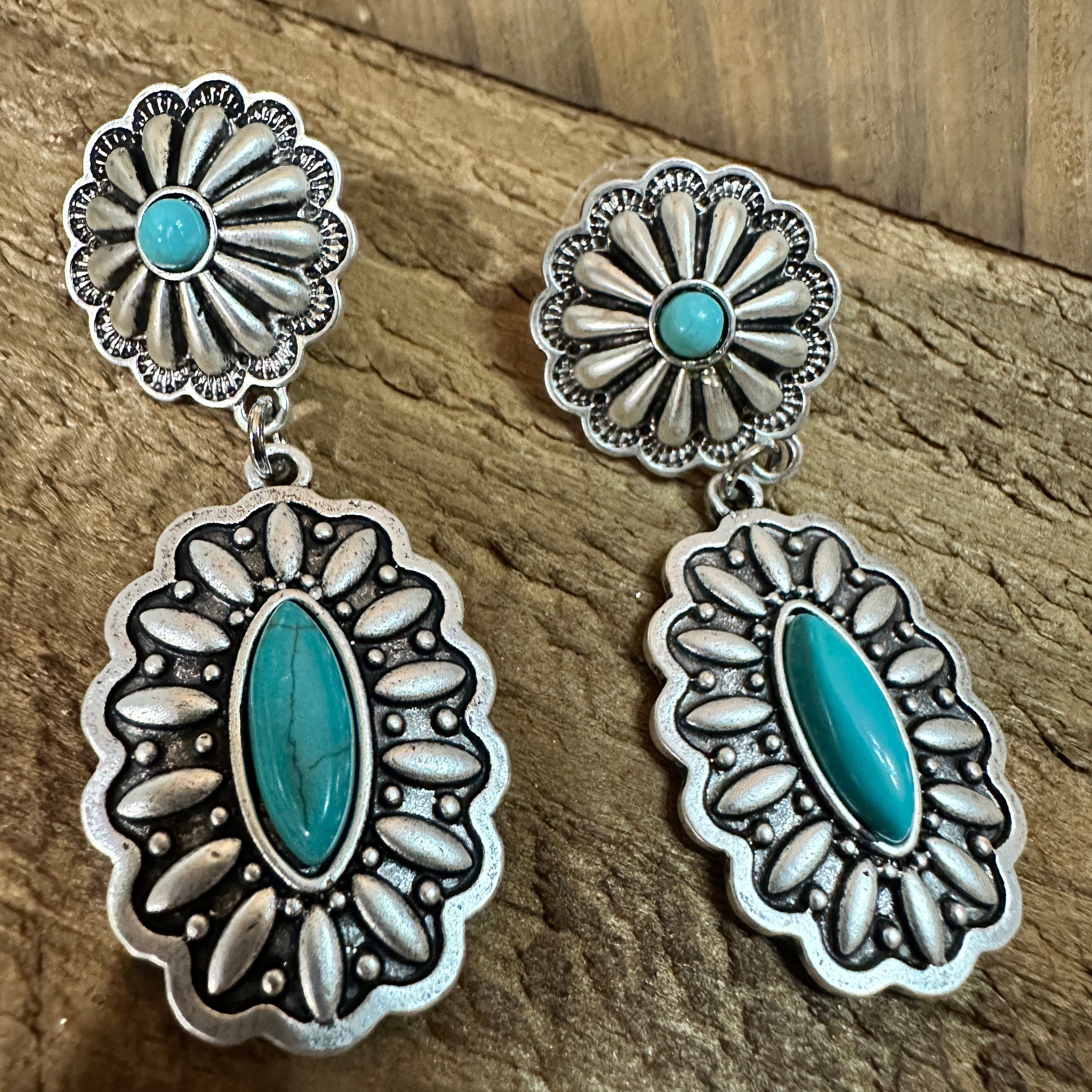 Other Concho Turquoise Brass Post Earrings 2.2 Inches Long Antique Size ONE SIZE - 6 Thumbnail
