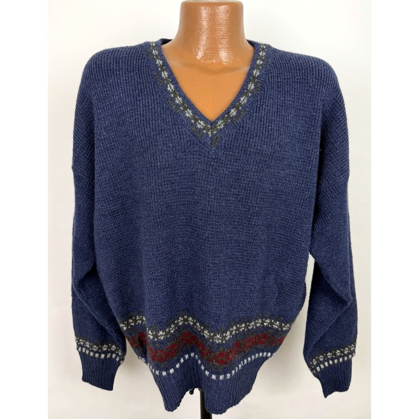 Vintage VINTAGE John Ashford Sweater Mens Large V-Neck Navy Blue Wool Blend Knit Fair Isle 90s Ski Pullover"} Size US L / EU 52-54 / 3 - 2 Thumbnail