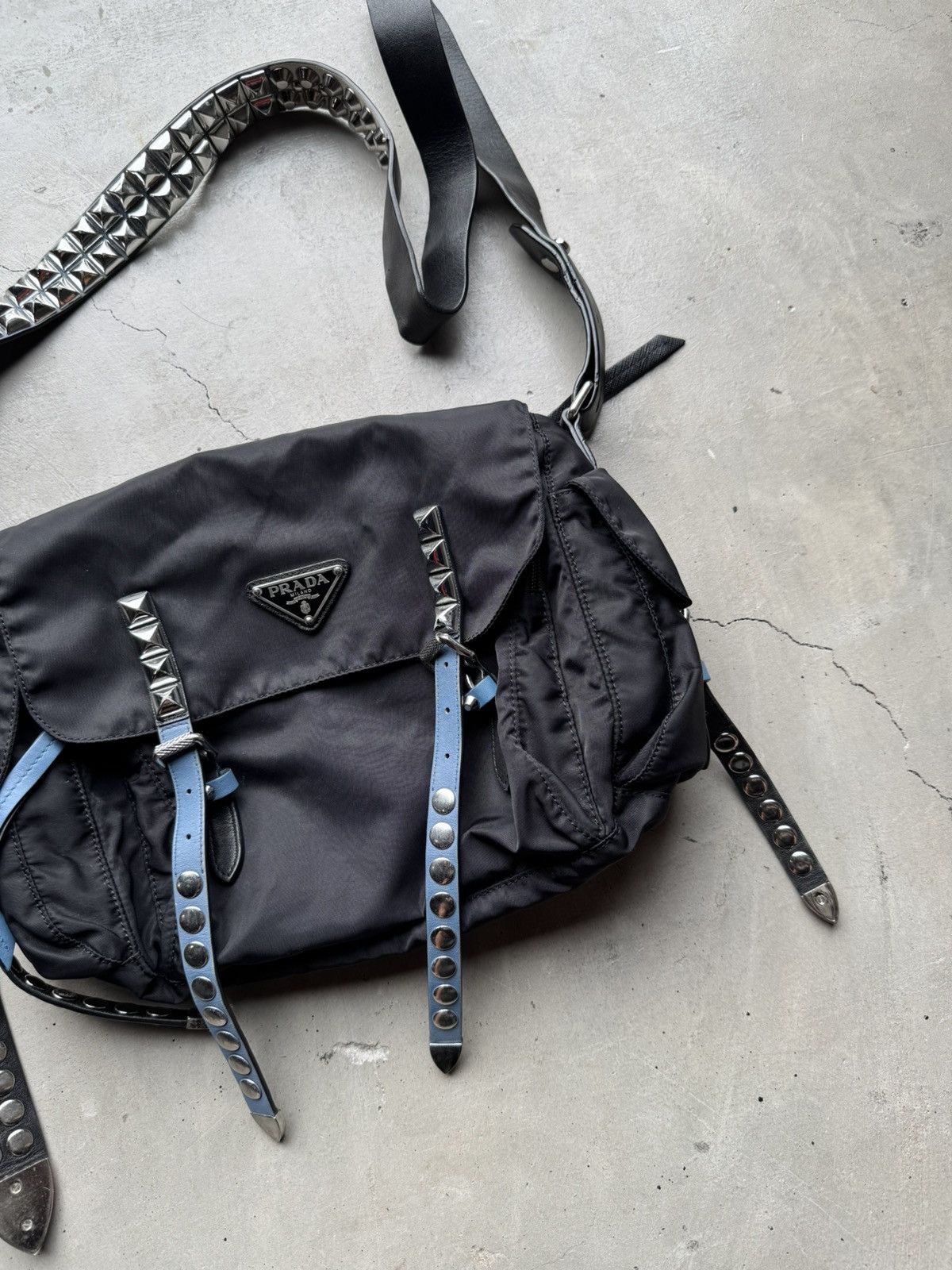Prada Prada Black/Blue Nylon and Leather New Vela Studded Size ONE SIZE - 4 Thumbnail