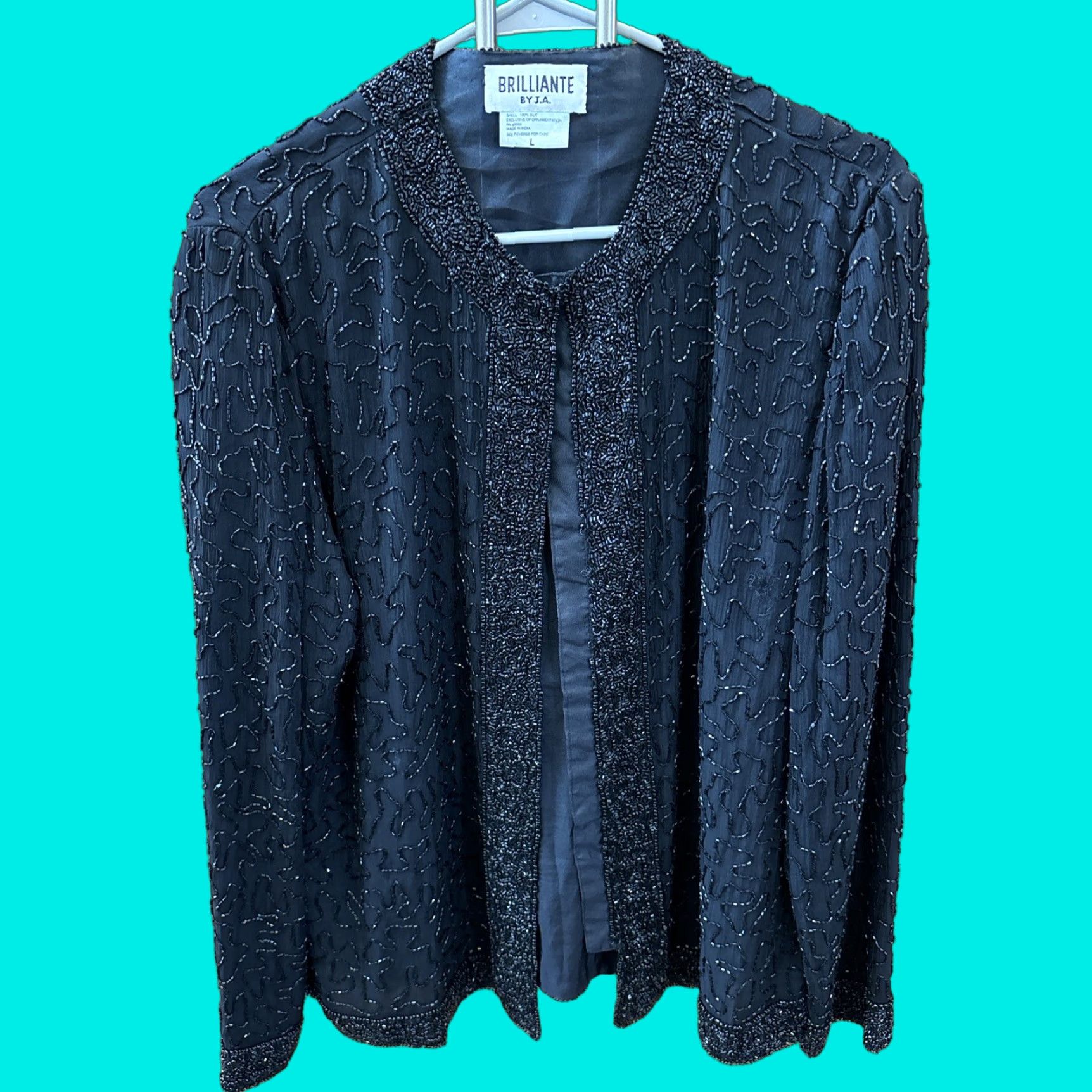 VINTAGE Brillante by J.A. Jacket Women L Black Beaded Silk Lined Hook Eye Long Sleeve 90s Retro Formal Casual Career