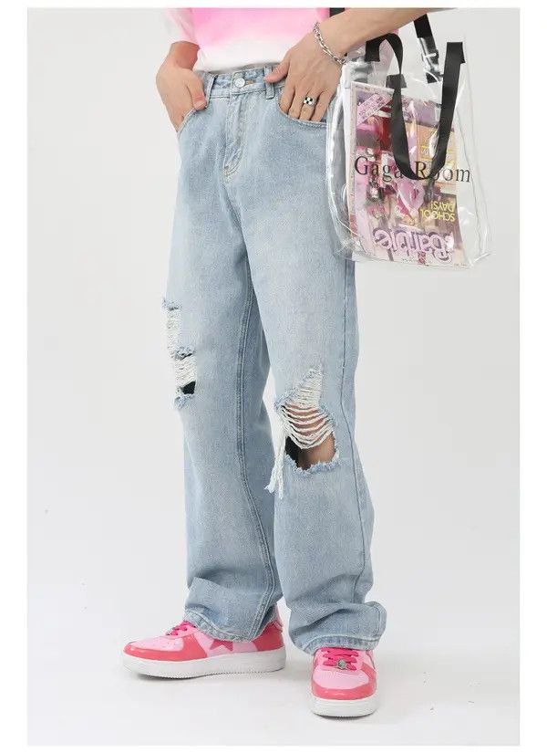 Japanese Brand Misuzu x Riho Men's loose washed straight ripped jeans Size US 32 / EU 48 - 4 Thumbnail