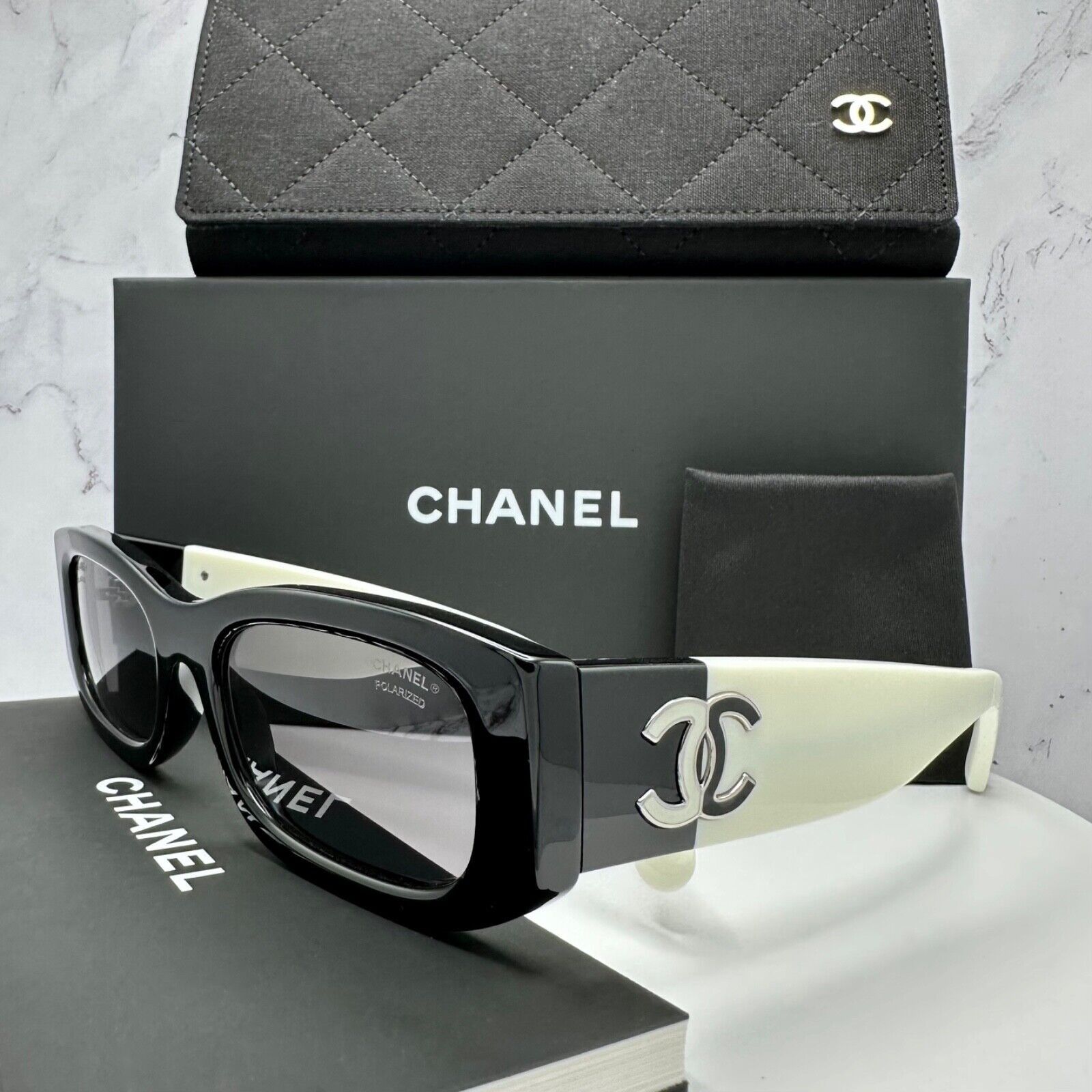 New CHANEL Sunglasses Black White Polarized CC Logo