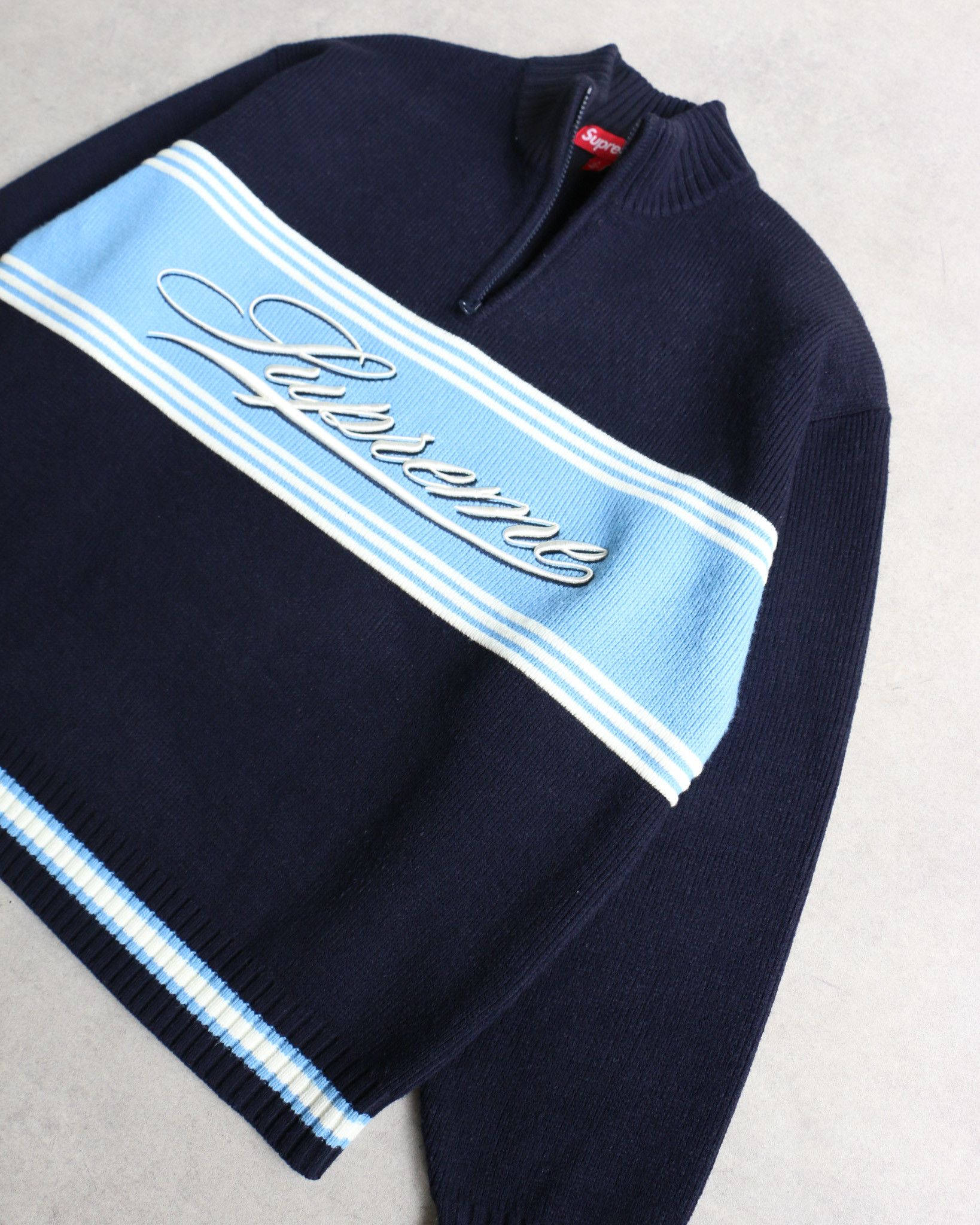 Supreme Supreme Script Stripe Half Zip Sweater Navy Size US L / EU 52-54 / 3 - 2 Thumbnail