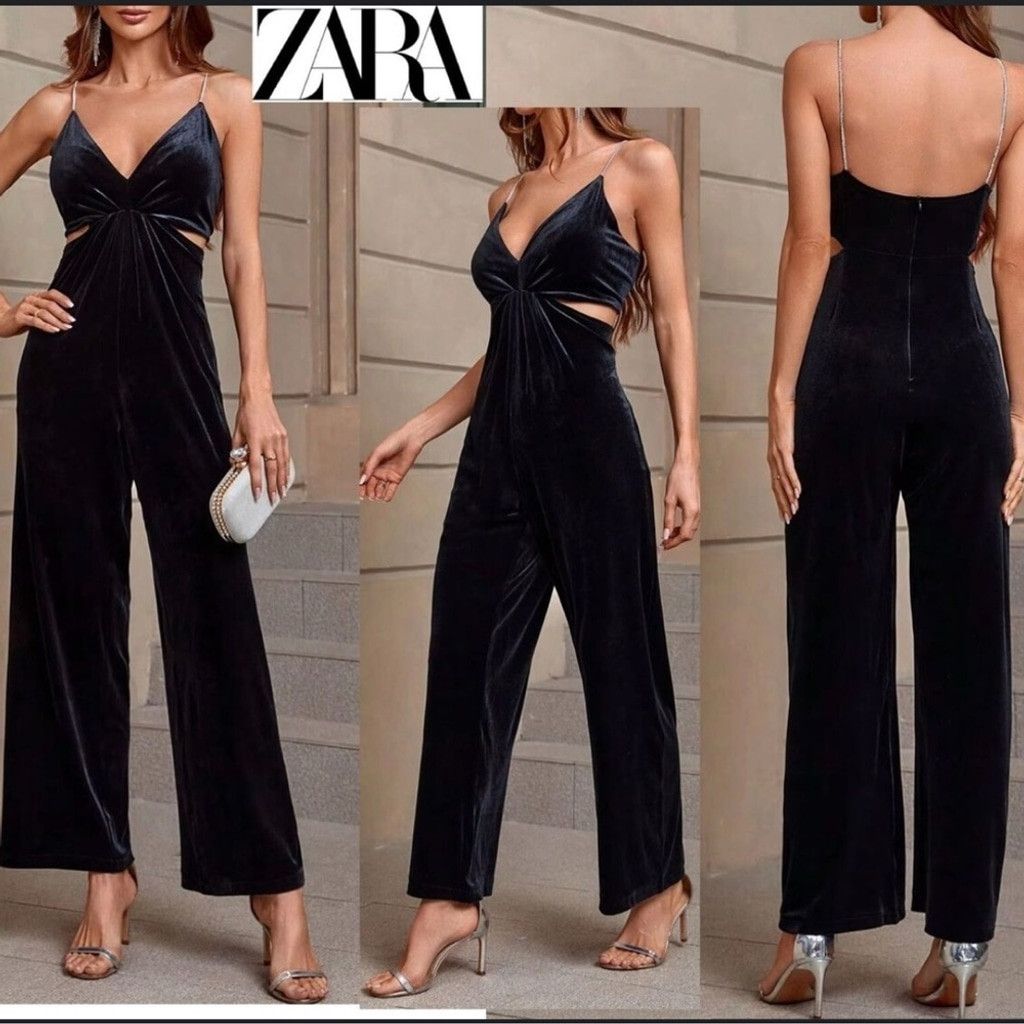 Zara 🖤 Zara Rhinestone Strap Velvet Jumpsuit Size L / US 10 / IT 46 - 1 Thumbnail