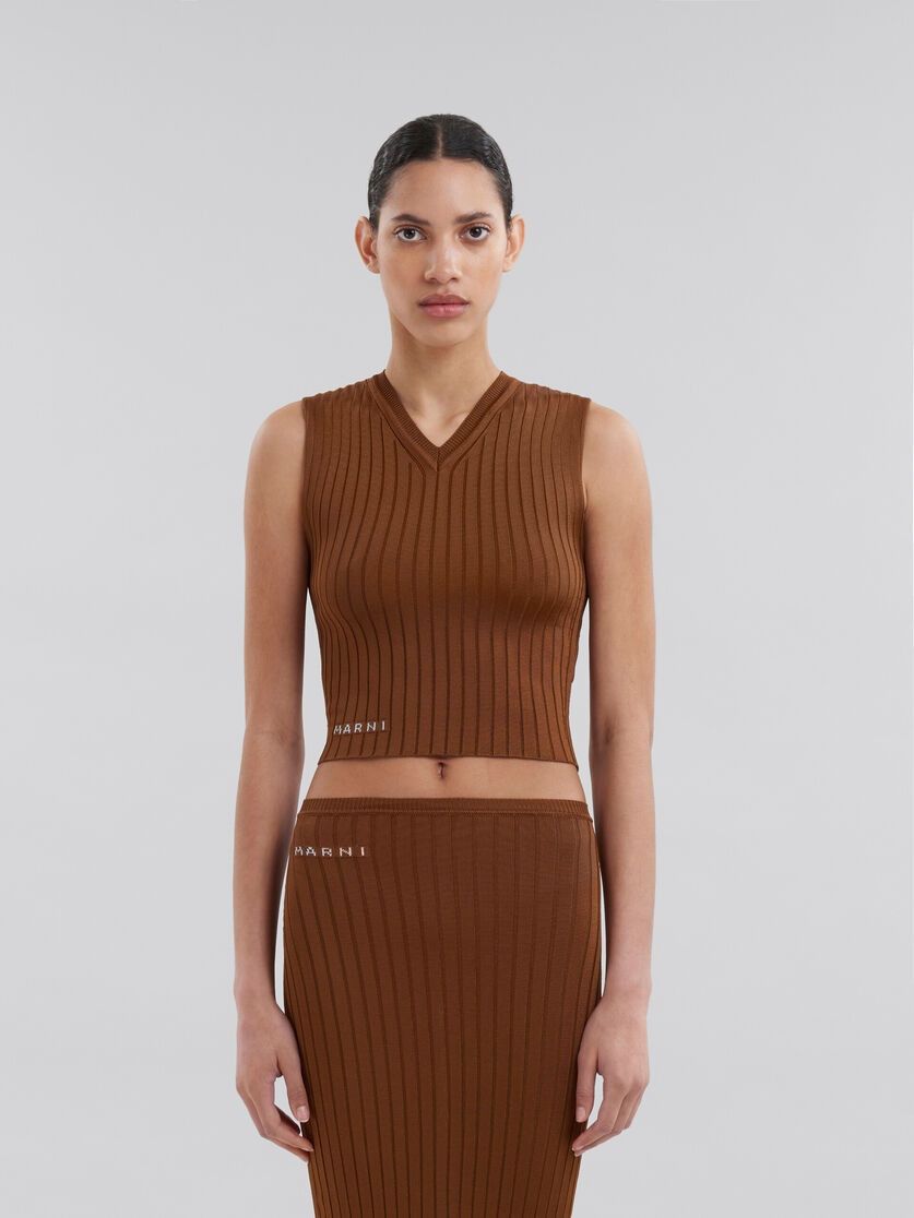 Marni o1f1d3z0825 Ribbed Viscose Vest in Brown Size S / US 4 / IT 40 - 2 Thumbnail