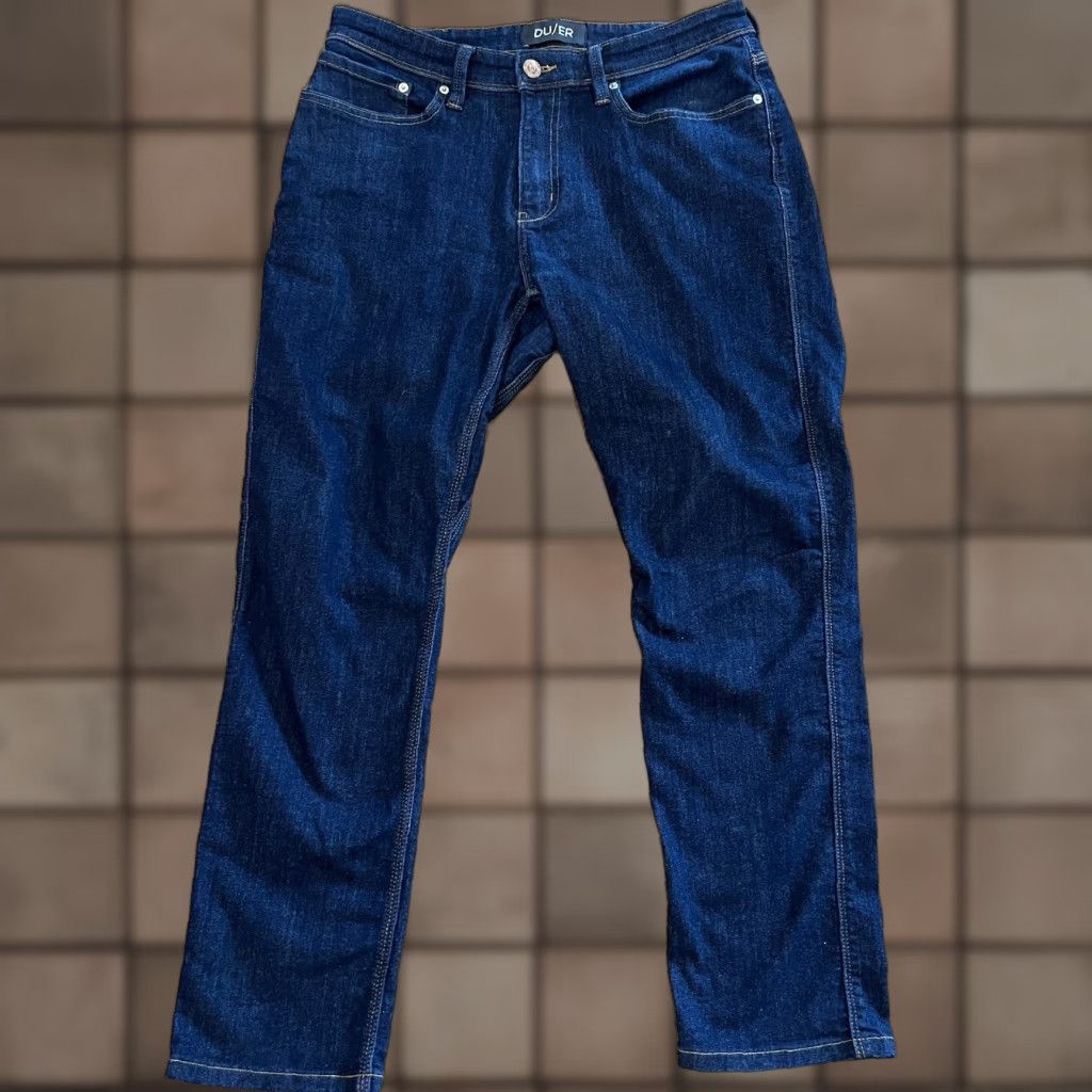 Vintage DU/ER L2X Relaxed Taper Dark Wash Jeans 33x30 Mens 5-Pocket Denim Blue Slimming City Hipster USA Size US 33 - 1 Thumbnail