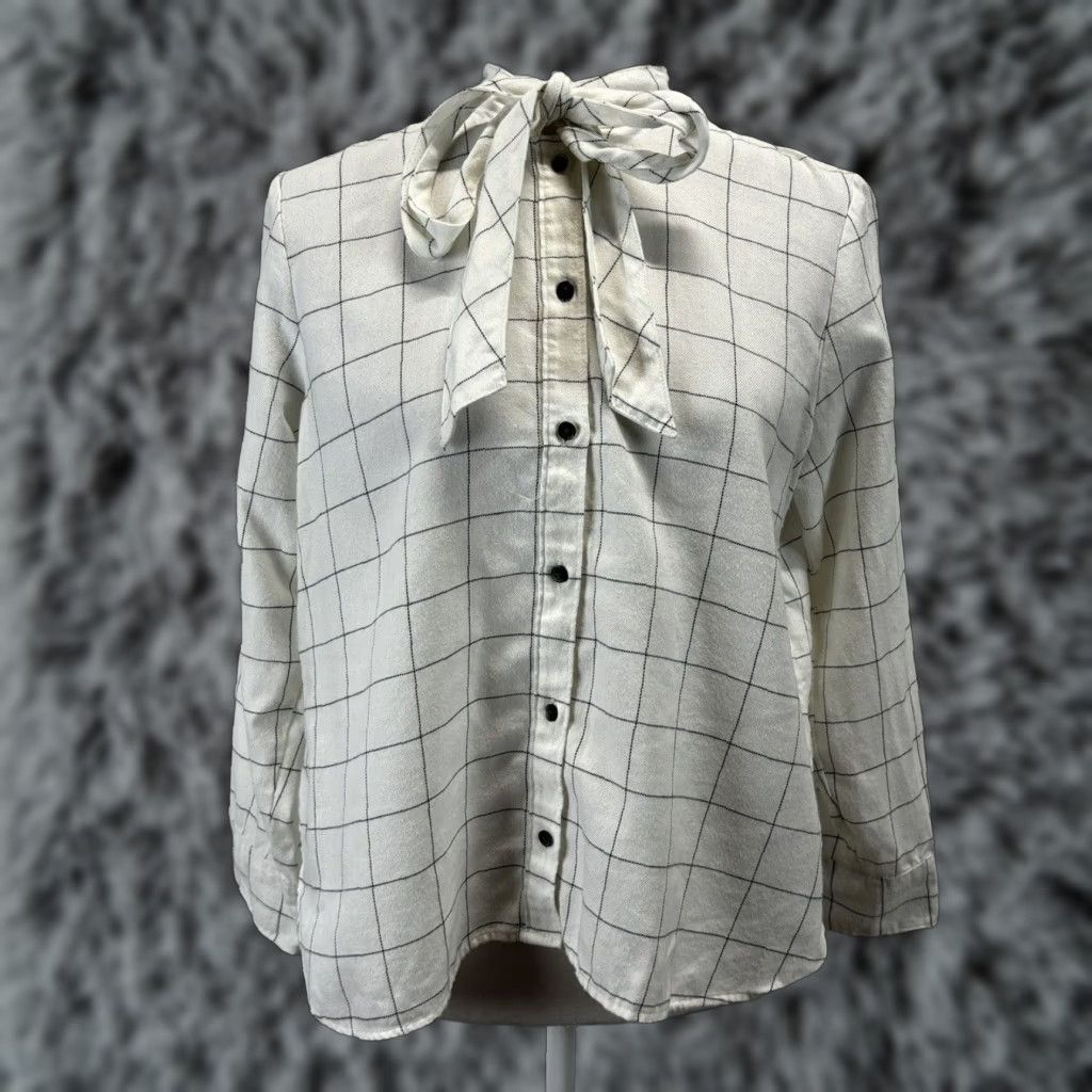 Madewell MADewell Flannel Windowpane Tie Neck Shirt Women’s Small White Button-Up Size S / US 4 / IT 40 - 1 Thumbnail