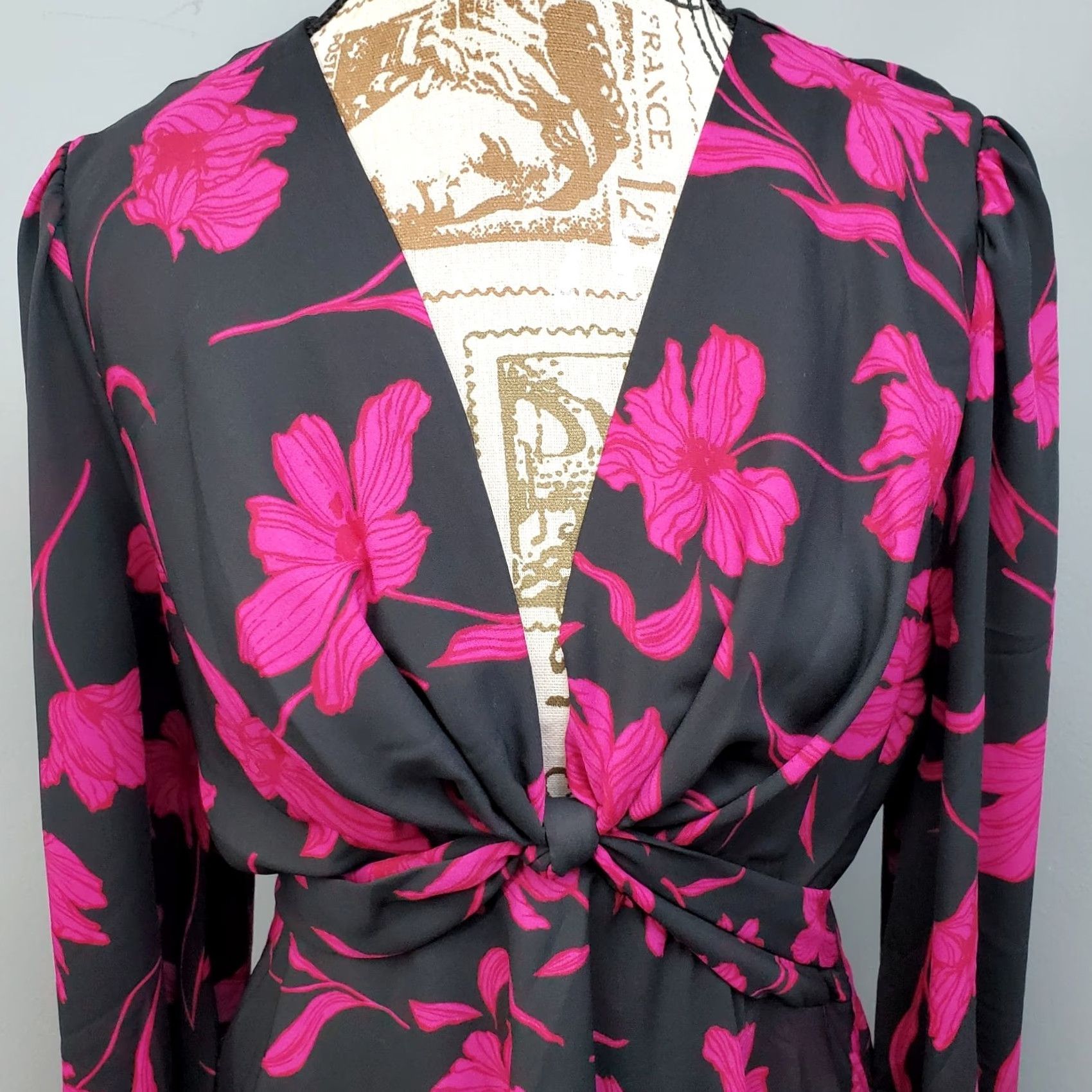 Banana Republic Banana Republic Dress Womens 10 Floral Black Pink Balloon Sleeve Fit & Flare Midi V-Neck Size L / US 10 / IT 46 - 5 Thumbnail