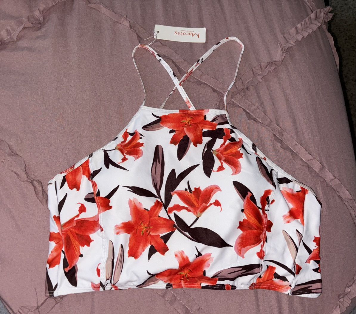 Other Macolily Orange White Floral Tie Back Bikini Top Sz L NWT Size L / US 10 / IT 46 - 5 Thumbnail