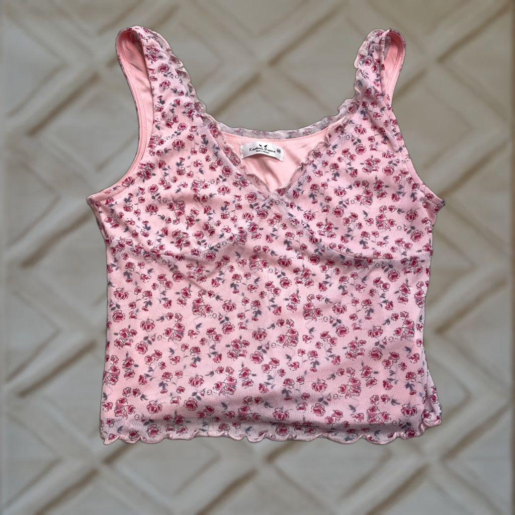 Vintage Rebellious Dreamer Tank Top Girls Juniors Medium Sleeveless Pink Floral V-Neck Size M / US 6-8 / IT 42-44 - 1 Thumbnail