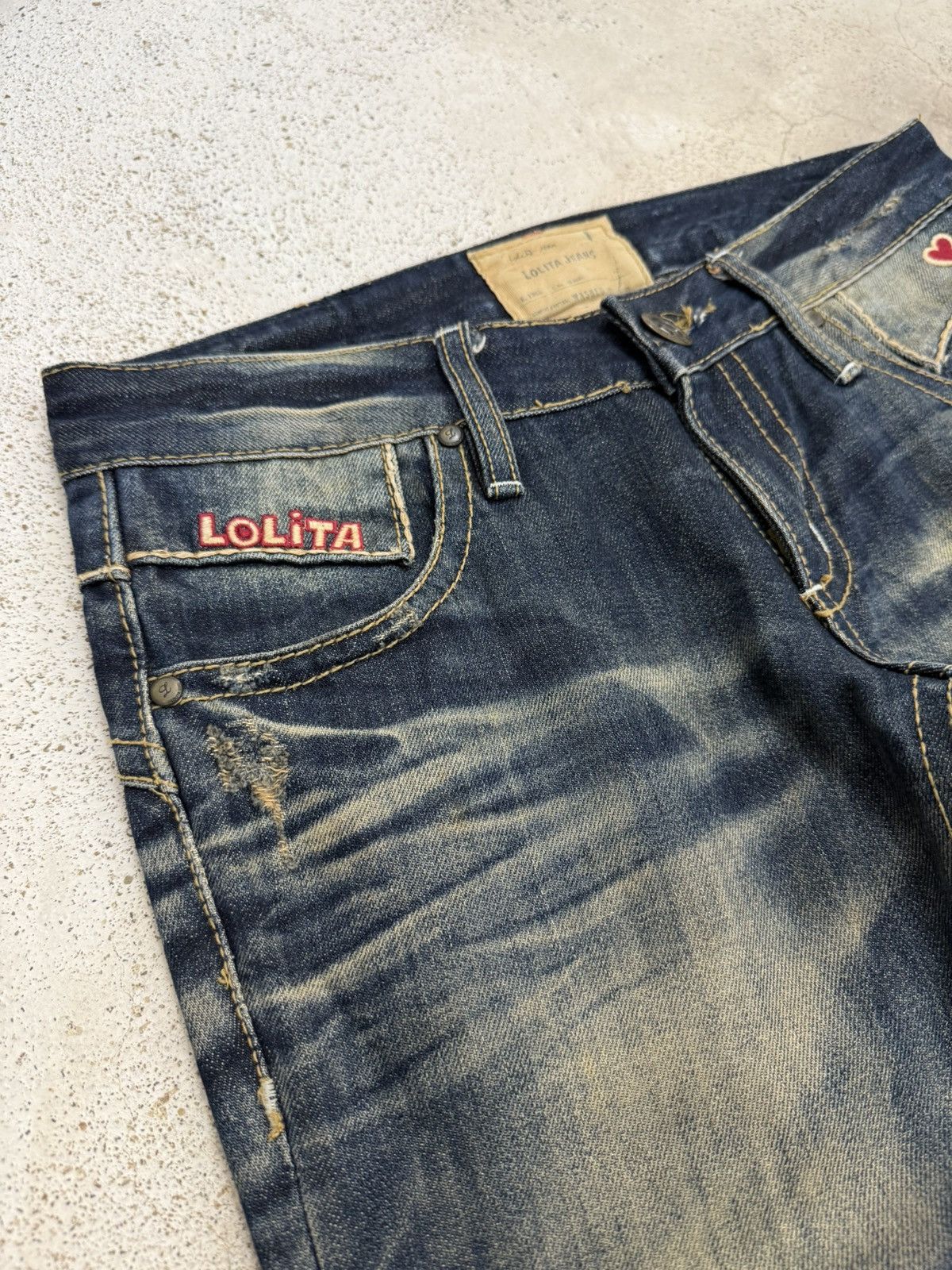 Japanese Brand Lolita Dark Mudwash Whisker Embroidery Flare Denim Pants Size US 27 - 8 Thumbnail
