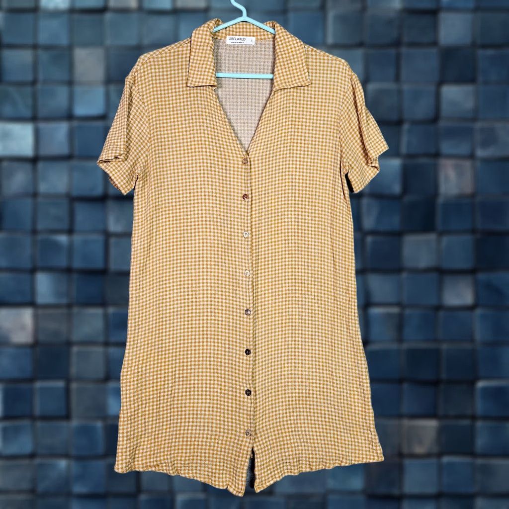 Vintage LA Relaxed Womens Dress Gingham Yellow Viscose Short Sleeve Button Front A-Line Casual Above the Knee Adult Small Size S / US 4 / IT 40 - 1 Thumbnail