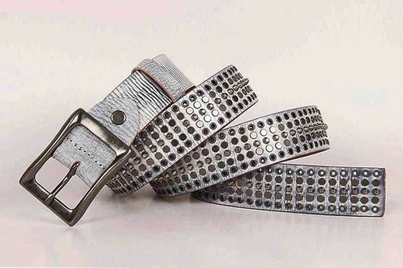 image of Genuine Leather Cowboy Belt Buckle Vintage Metal Rivet in White, Men's