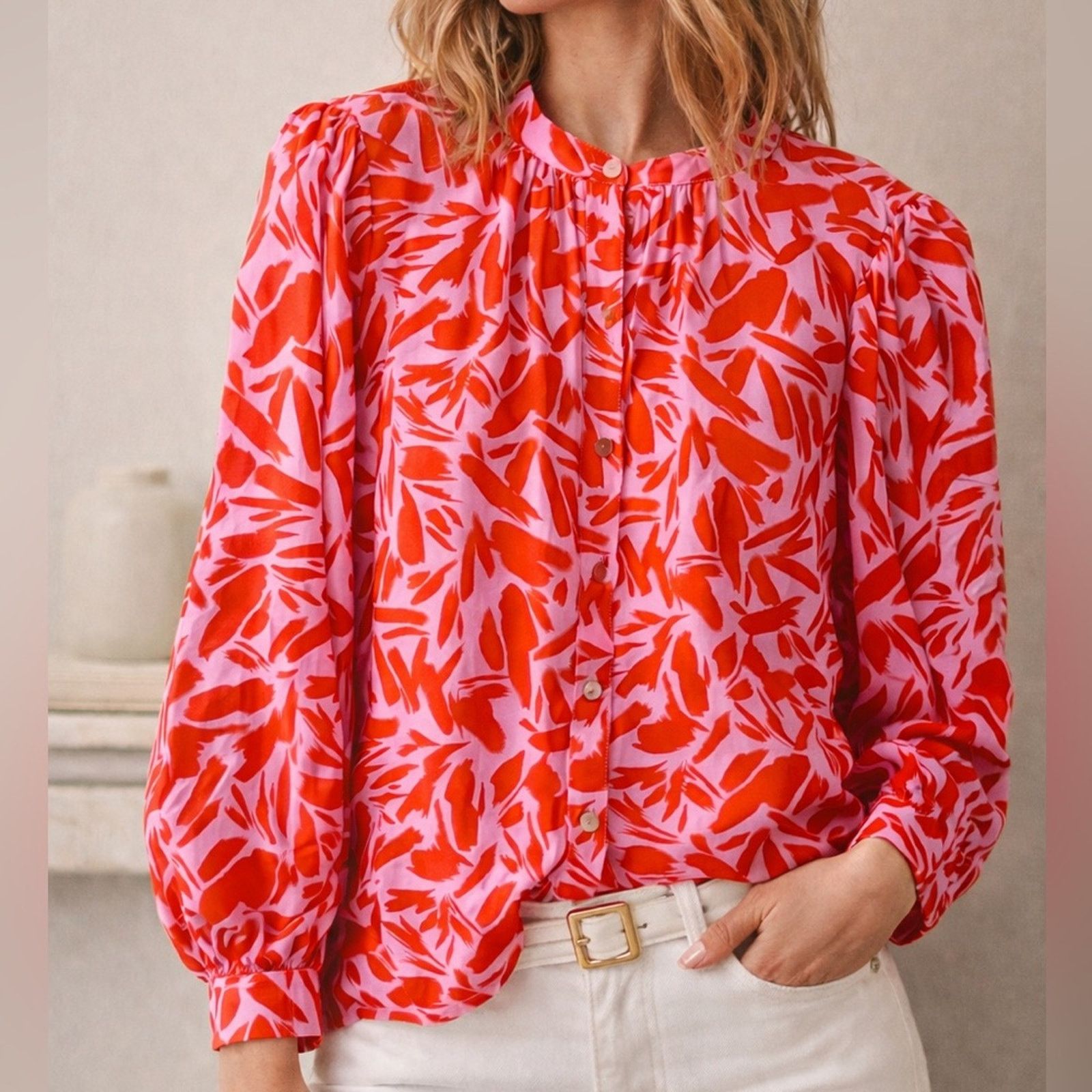 Veronica Beard Veronica Beard | 2 | Silk Blend Floral Pink Red Puff Sleeve Size XS / US 0-2 / IT 36-38 - 1 Thumbnail