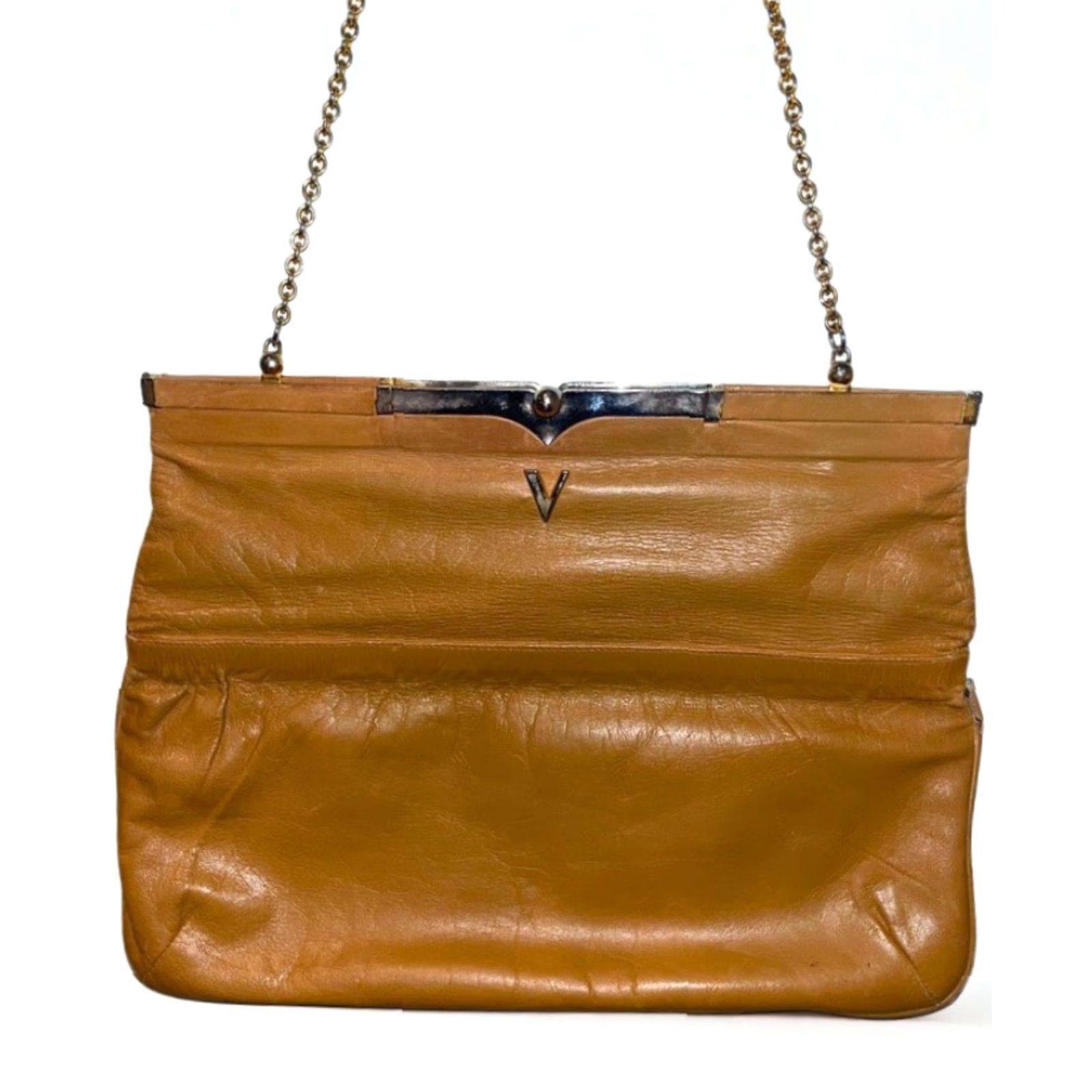 Valentino VINTAGE Valentino by Mario Valentino Leather Shoulder Bag Brown Chain Strap Medium Women Casual Evening Wedding Party/Cocktail Travel Size ONE SIZE - 4 Thumbnail