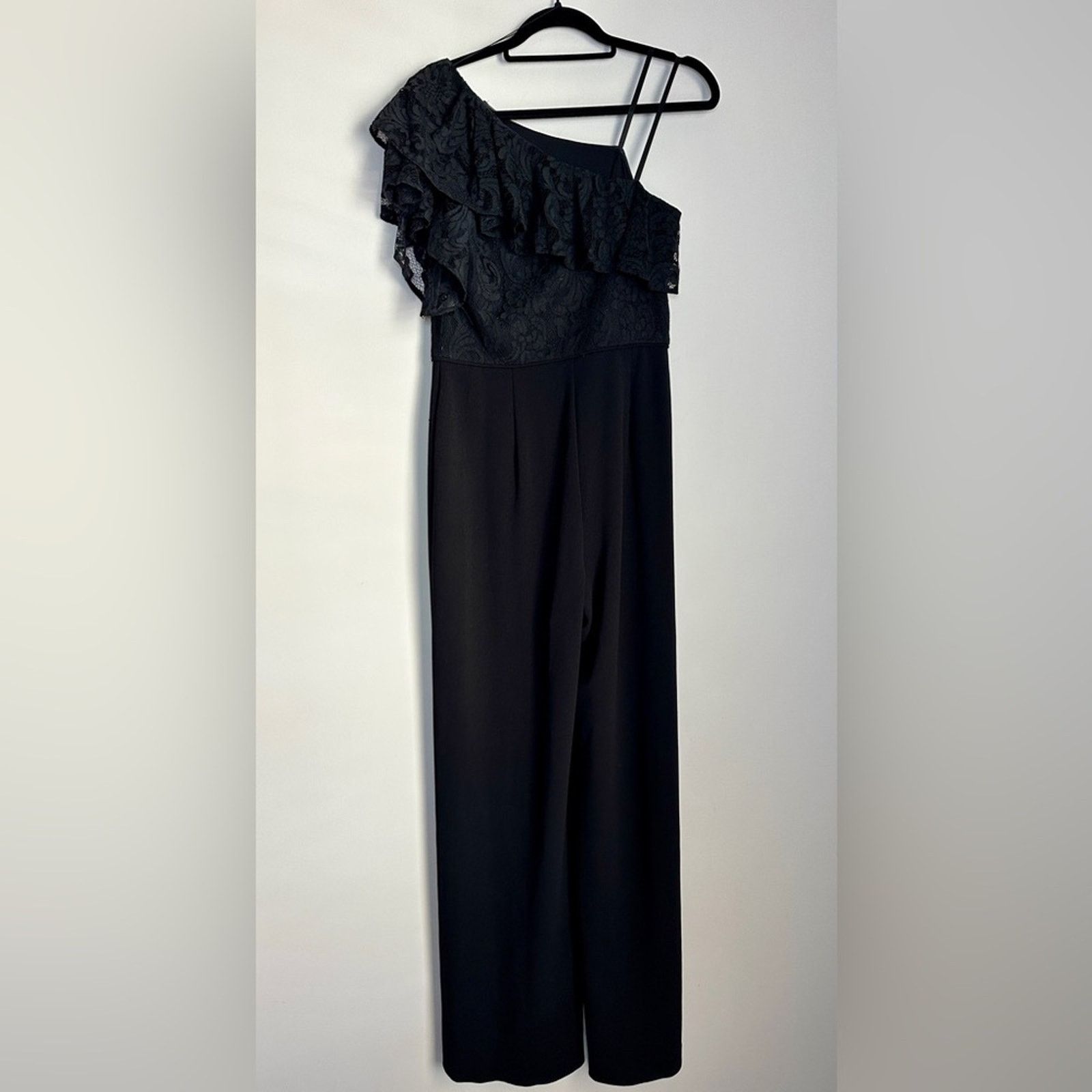 Adrianna Papell Adrianna Pappell 1 Shoulder Jumpsuit Lace Ruffle Black Sz 8 Size 30" / US 8 / IT 44 - 10 Thumbnail