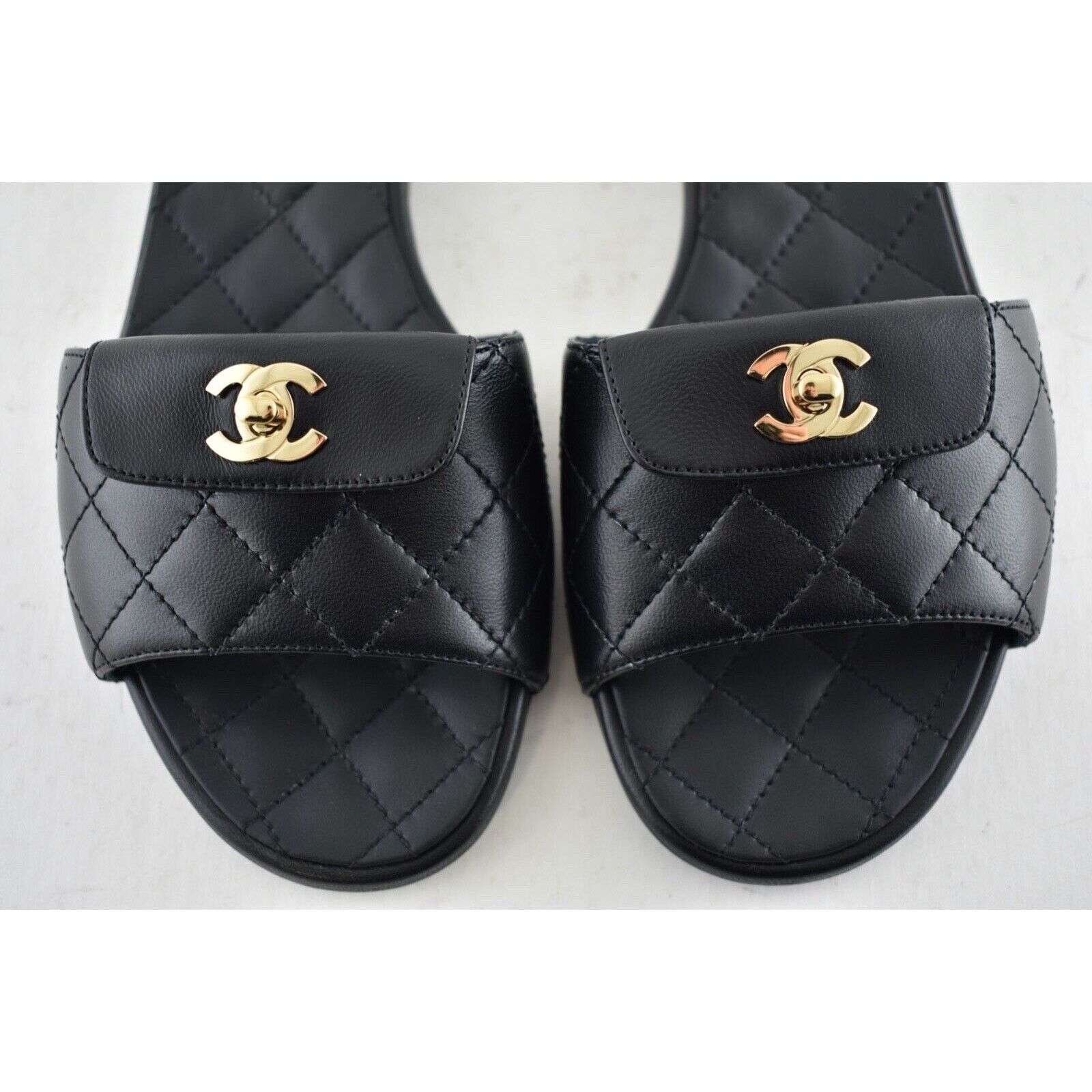 Chanel Chanel REV Black Turnlock Quilted Gold CC Logo Mules Slide Size US 7 / IT 37 - 7 Thumbnail