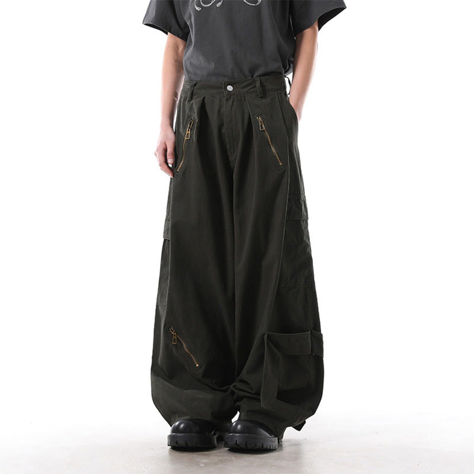 Vintage Black Wide Leg Cargo Pants, Loose Fit Zipper Detail Pants Size US 32 / EU 48 - 4 Thumbnail