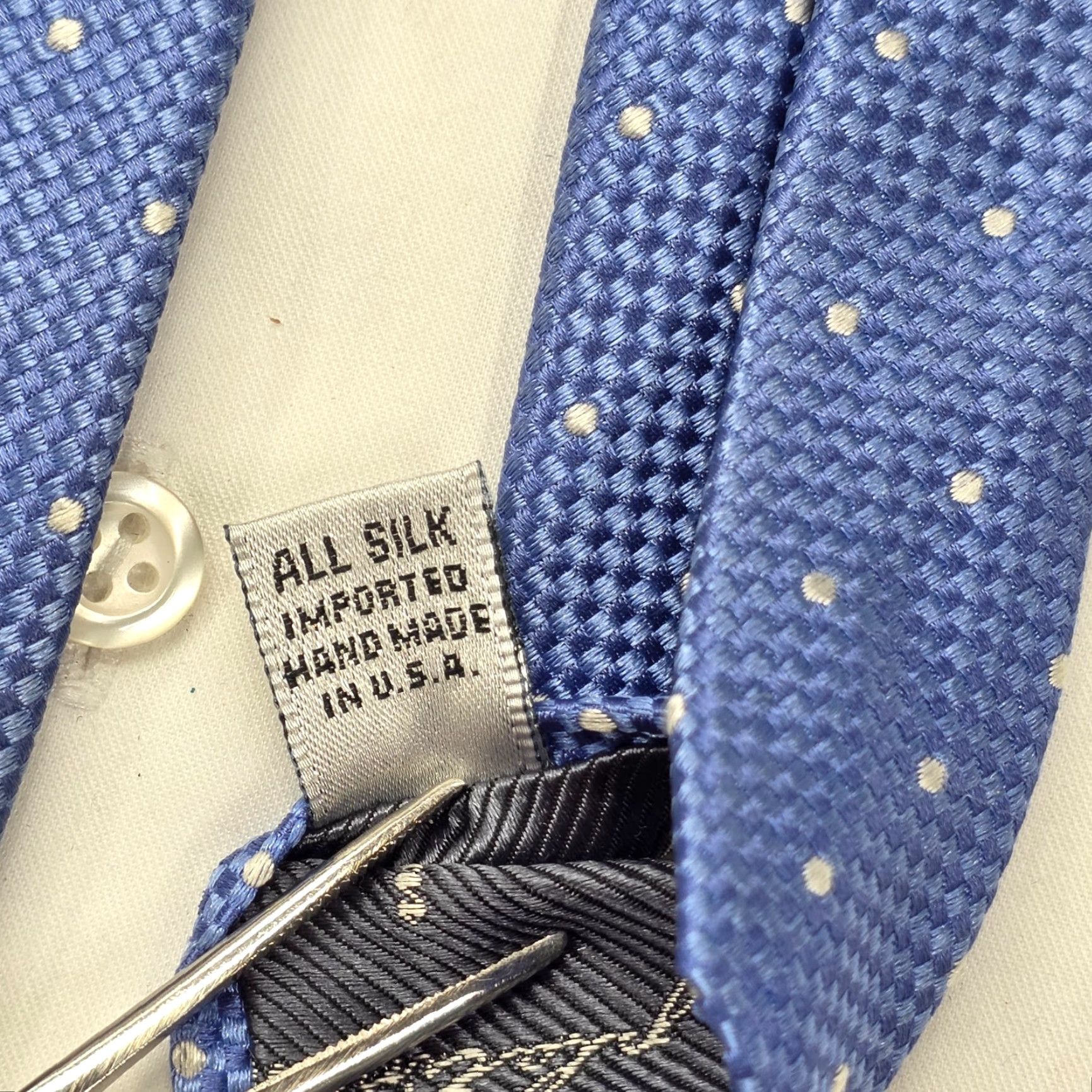 Vintage XMI PLATINUM Men’s 100% Silk Necktie Blue USA Designer White Polka Dots Classic 60.25" X 3.5" Polka Dot Preppy Stylish Officecore Dad Mens Tie Size ONE SIZE - 5 Thumbnail