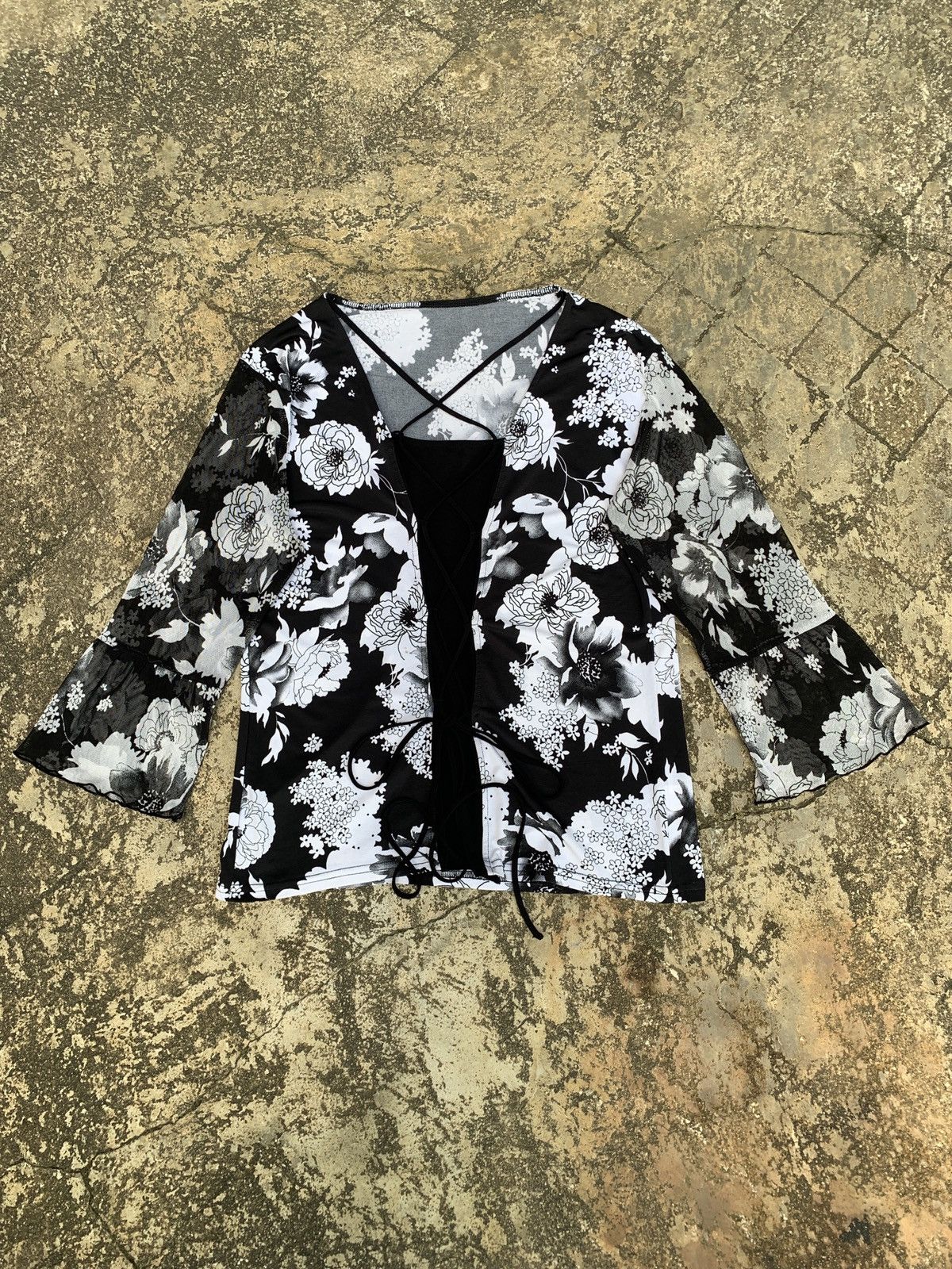 y2k Floral Lace up Mesh Elastane Mesh Top